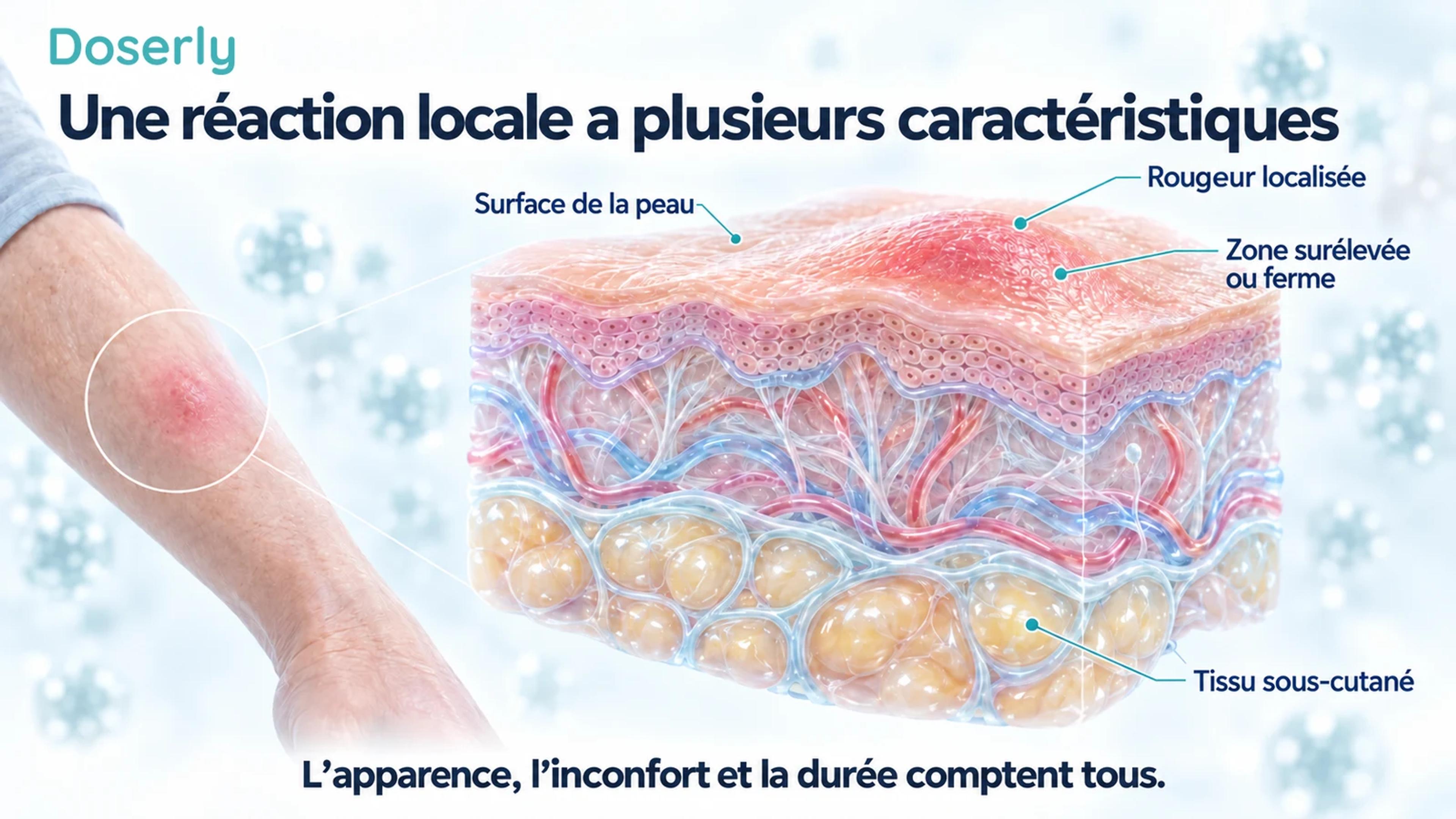 Coupe conceptuelle détaillée de la peau montrant une réaction localisée en surface et le tissu sous-cutané sous-jacent.