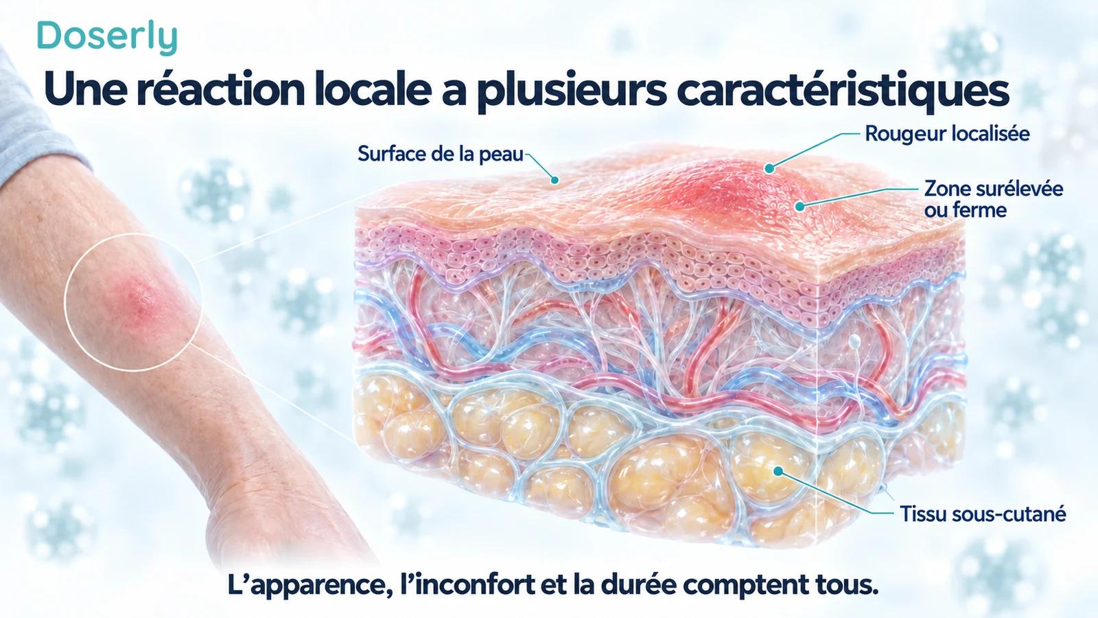 Coupe conceptuelle détaillée de la peau montrant une réaction localisée en surface et le tissu sous-cutané sous-jacent.