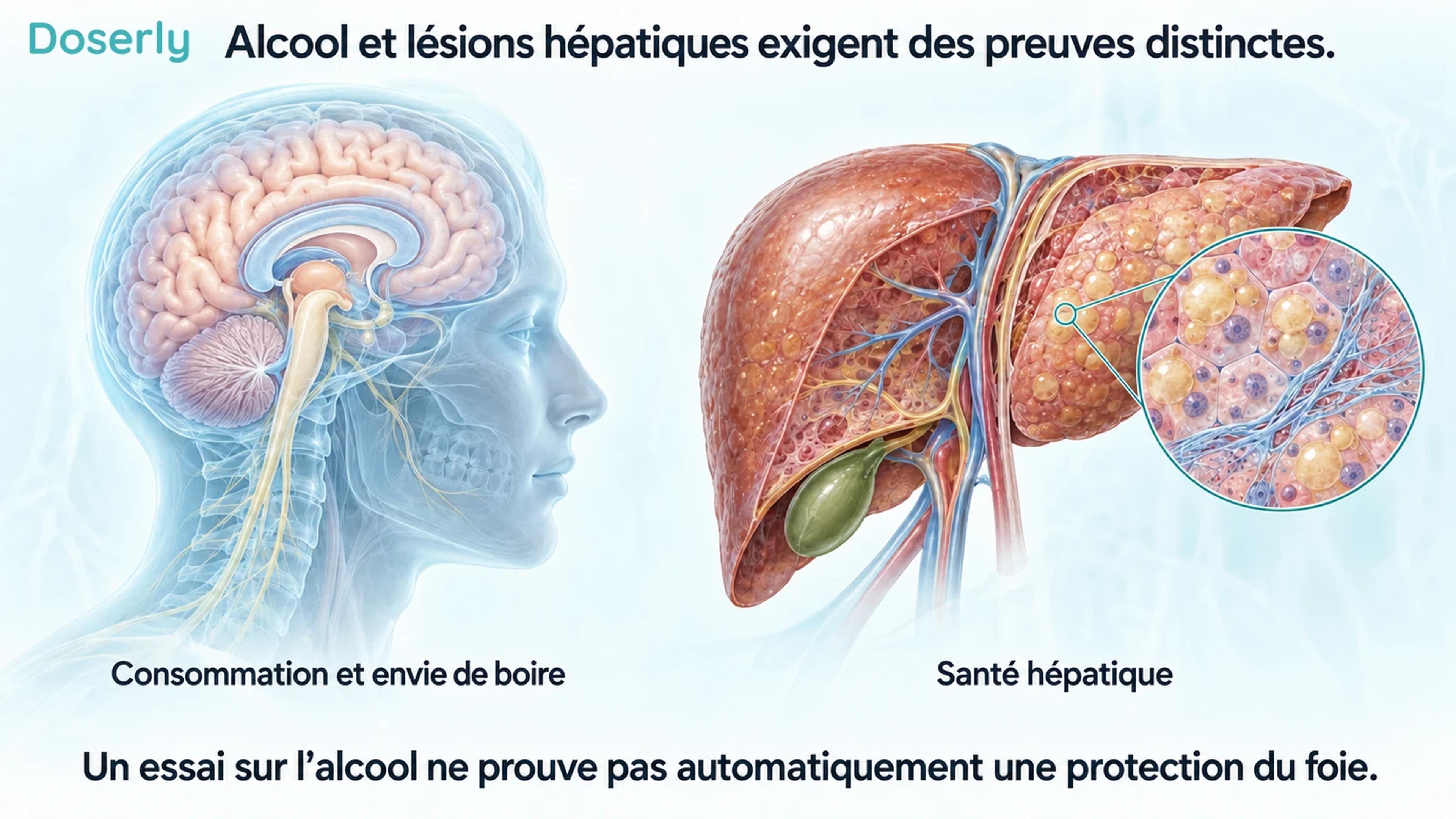 Illustration détaillée du cerveau et du foie distinguant les habitudes de consommation des résultats de santé hépatique.