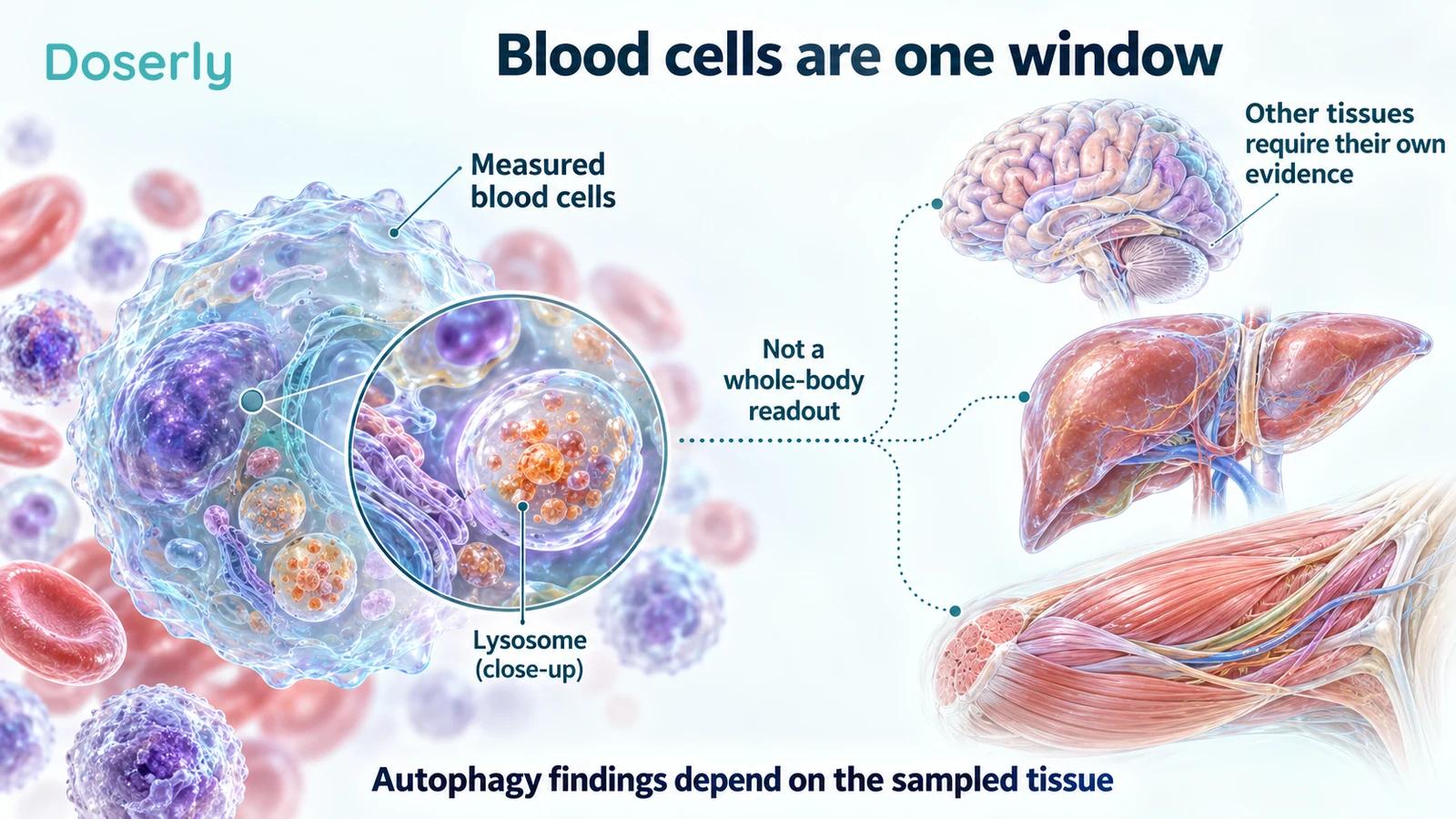 An immune cell and lysosome are shown separately from brain, liver and muscle tissue