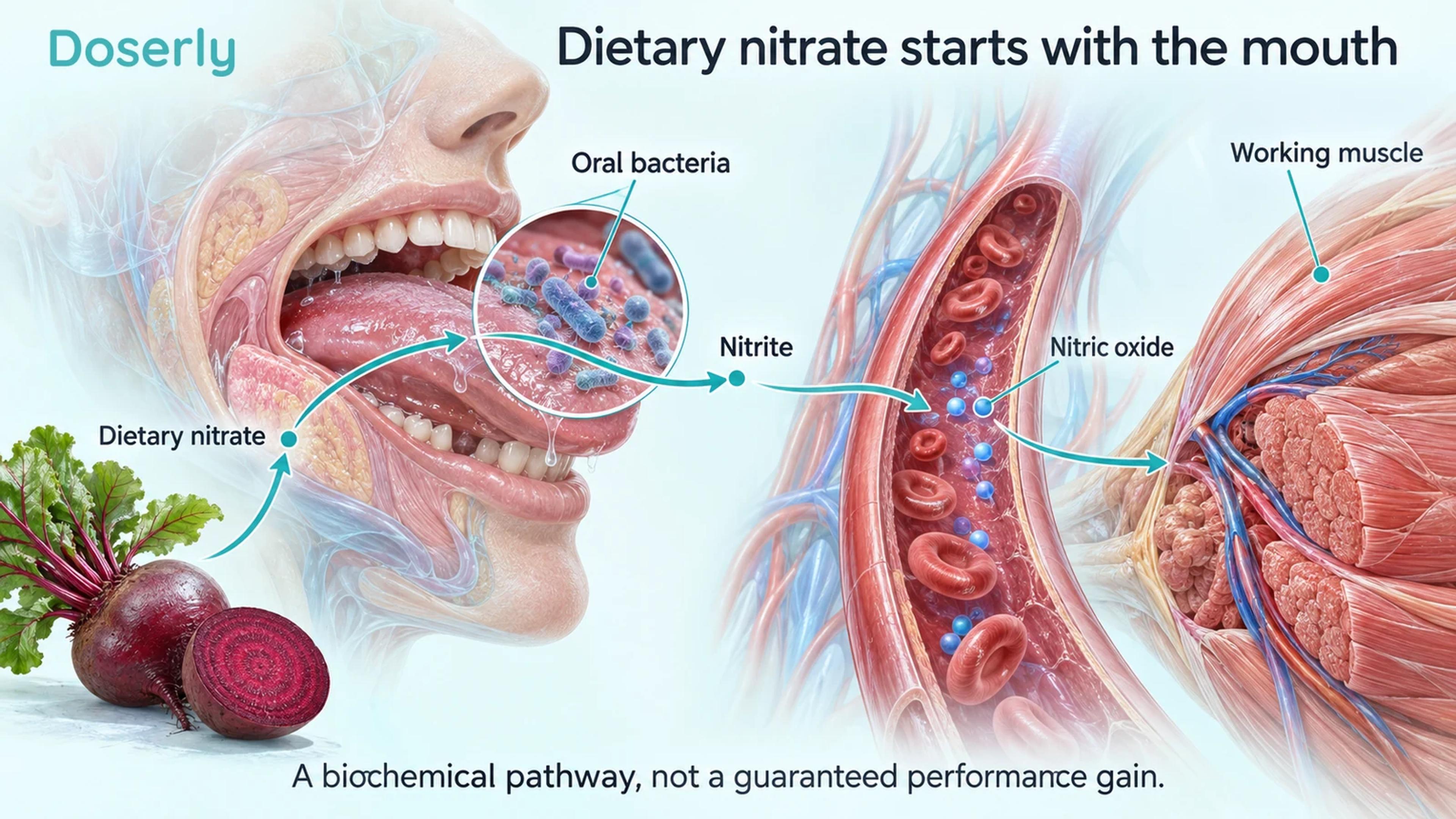 Beetroot, oral bacteria, a blood vessel and working muscle illustrate the nitrate-to-nitrite pathway.