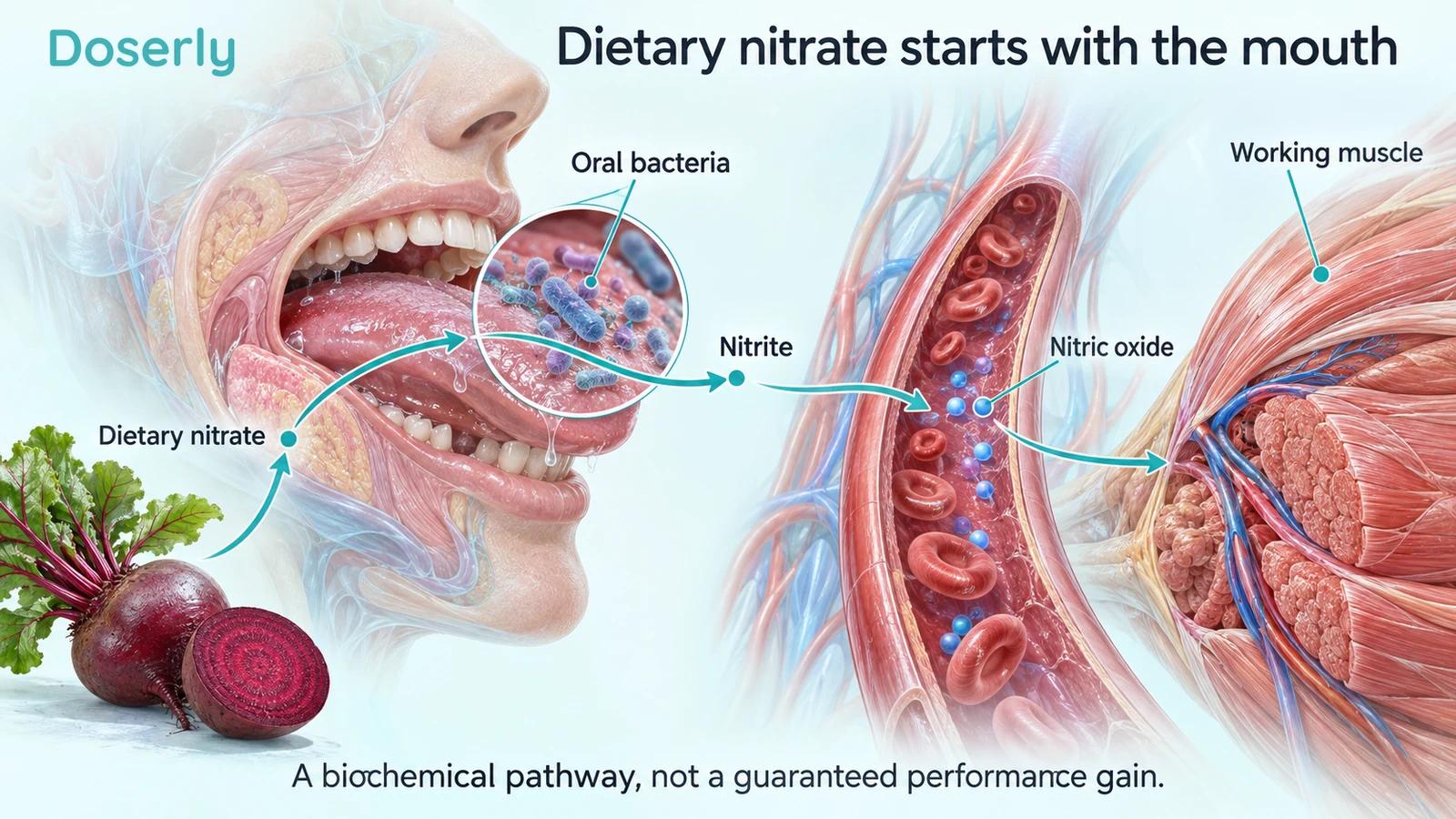Beetroot, oral bacteria, a blood vessel and working muscle illustrate the nitrate-to-nitrite pathway.