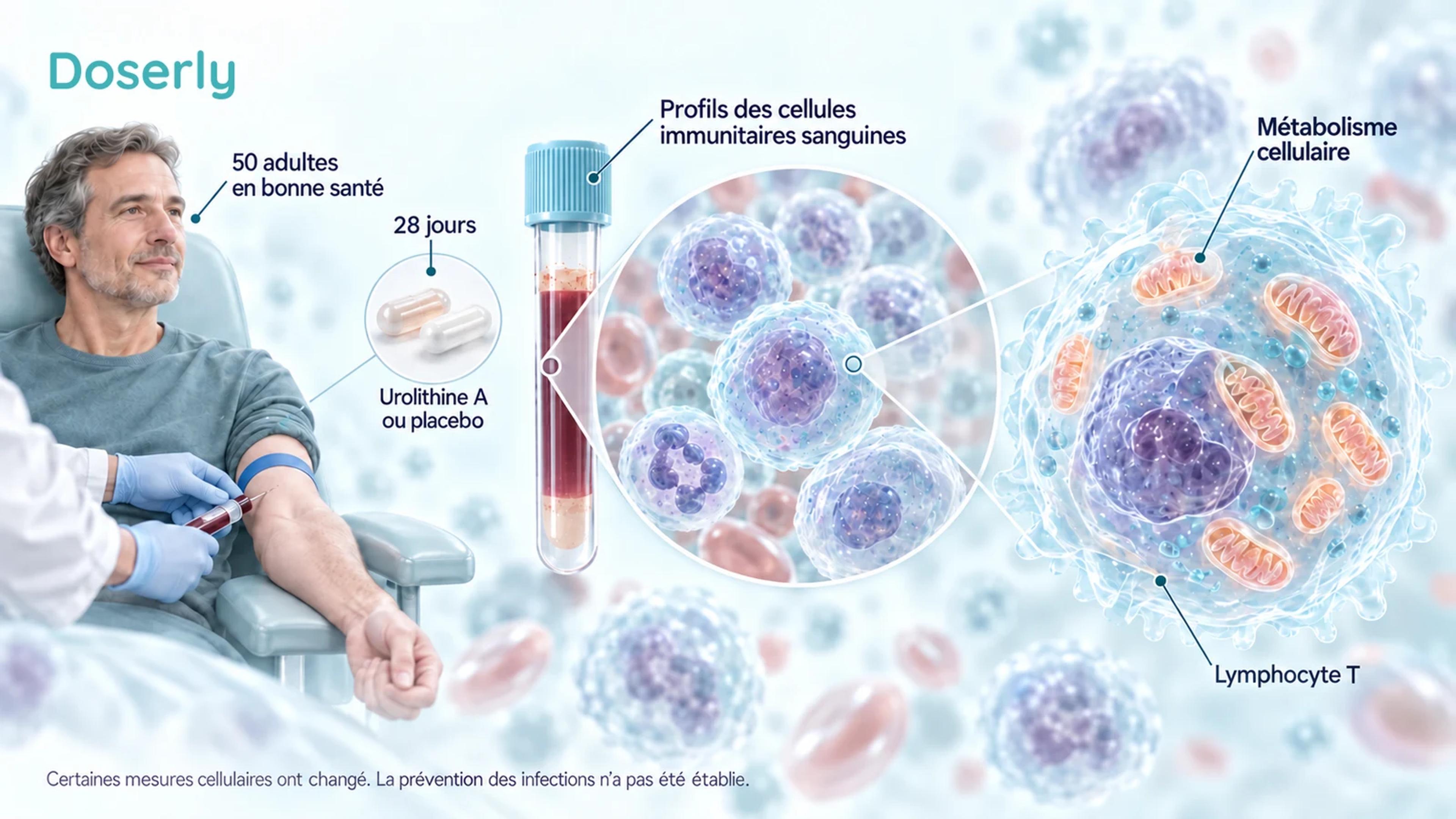 Un prélèvement sanguin et des cellules immunitaires agrandies illustrent les mesures de l’essai de 28 jours sur l’urolithine A.