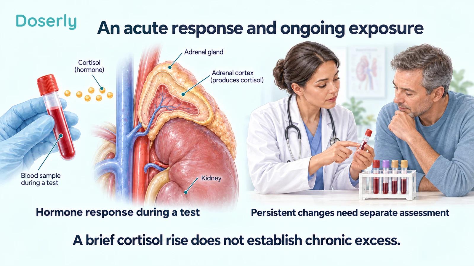 An adrenal gland and blood sample illustrate an acute test response beside a separate clinical review scene.