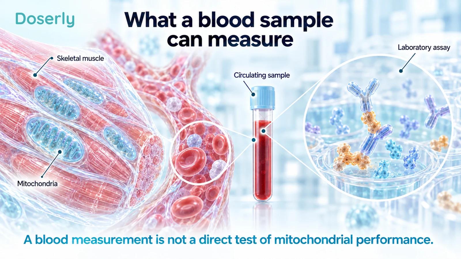 Conceptual muscle and blood-sample illustration showing the distinction between tissue biology and a laboratory assay.