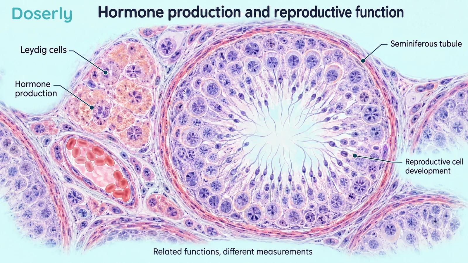 Microscopic tissue illustration separates hormone-producing Leydig cells outside a seminiferous tubule from reproductive cell development inside it.