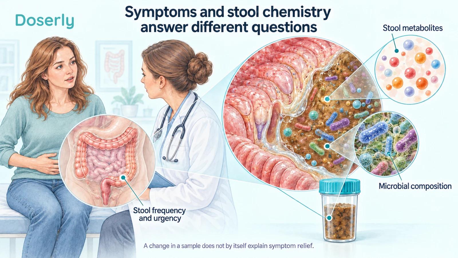 A clinical discussion of stool frequency and urgency alongside a magnified intestinal surface, microbial community and specimen container.