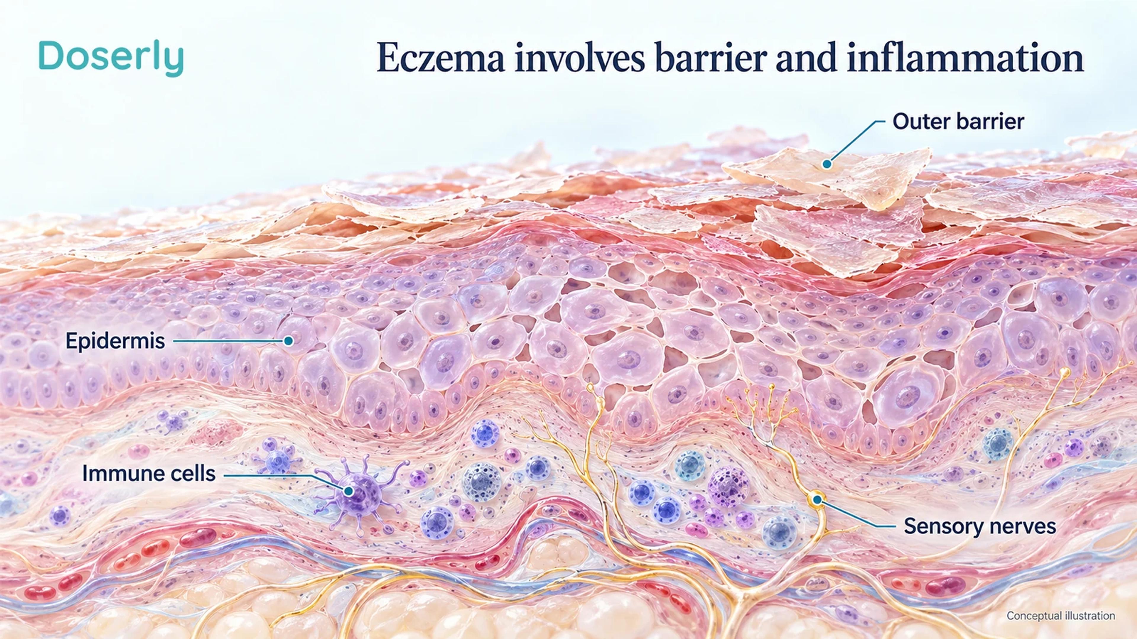 Conceptual skin cutaway showing an irregular outer barrier, inflamed epidermis and sensory nerve endings beneath the surface.