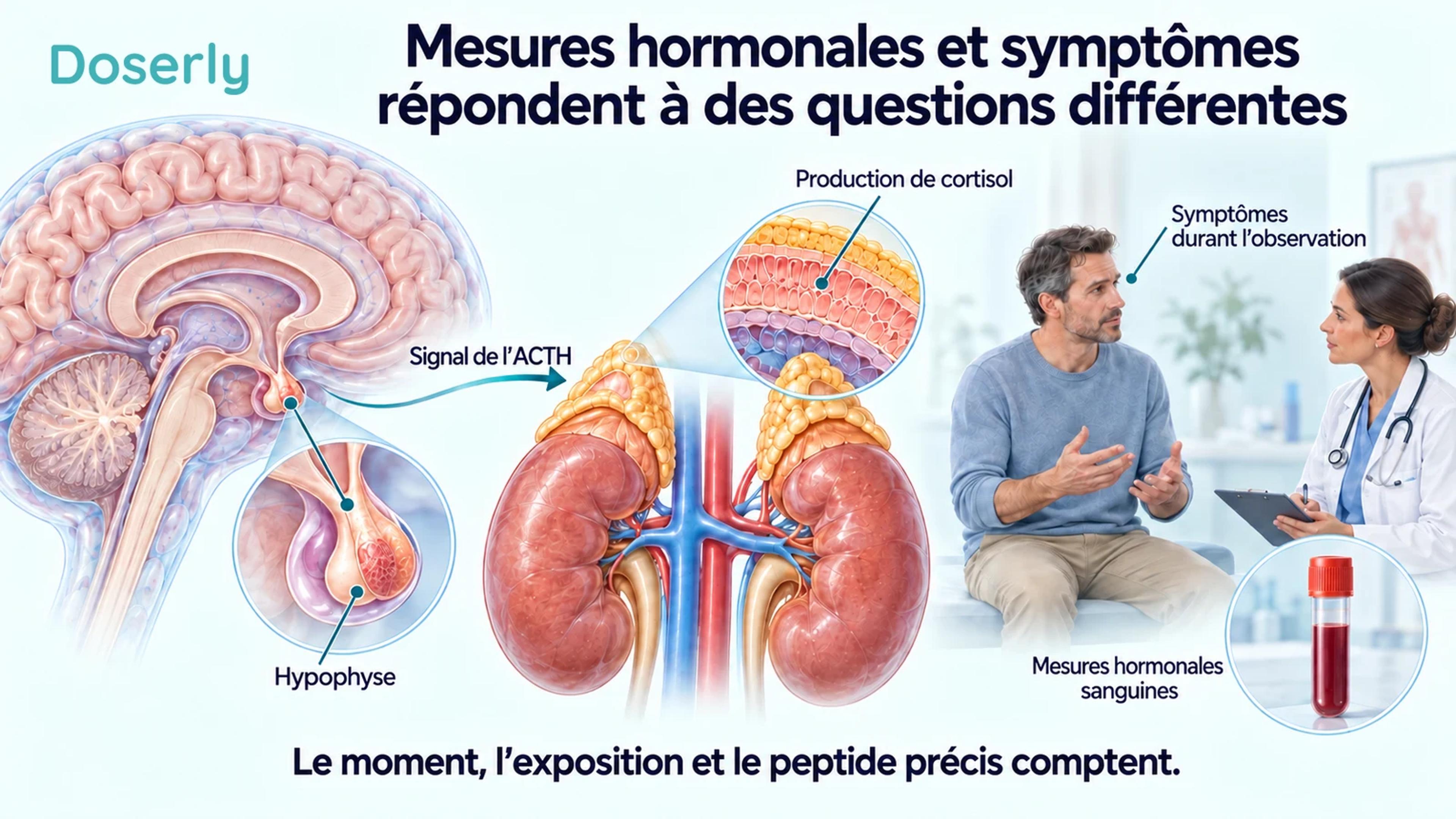 L’anatomie de l’hypophyse et des surrénales, à côté d’une consultation clinique et d’un échantillon de sang, distingue les mesures hormonales des symptômes.