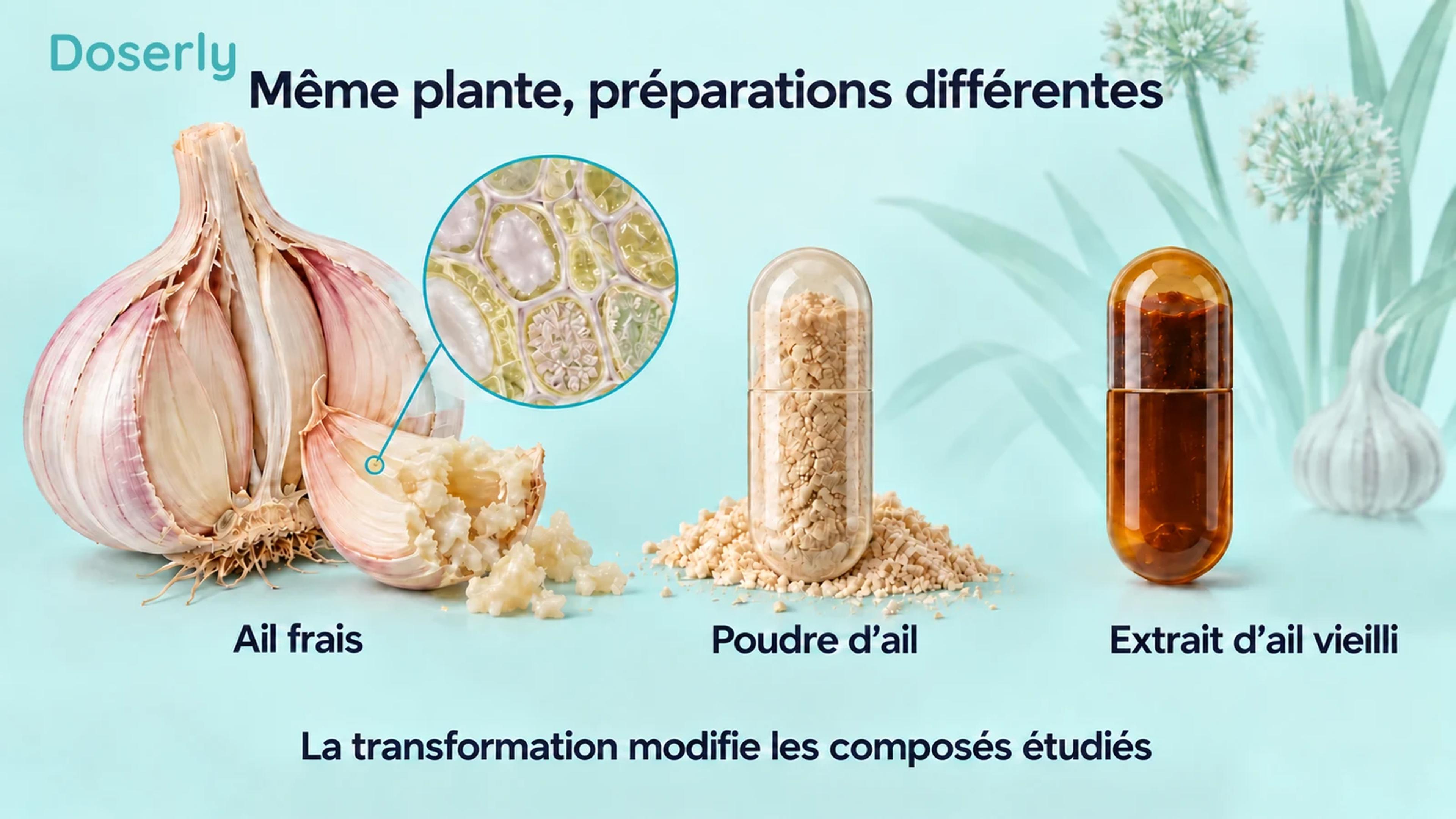 De l’ail frais, de la poudre d’ail et de l’extrait d’ail vieilli présentés comme des préparations distinctes, avec un encadré montrant une cellule végétale agrandie.