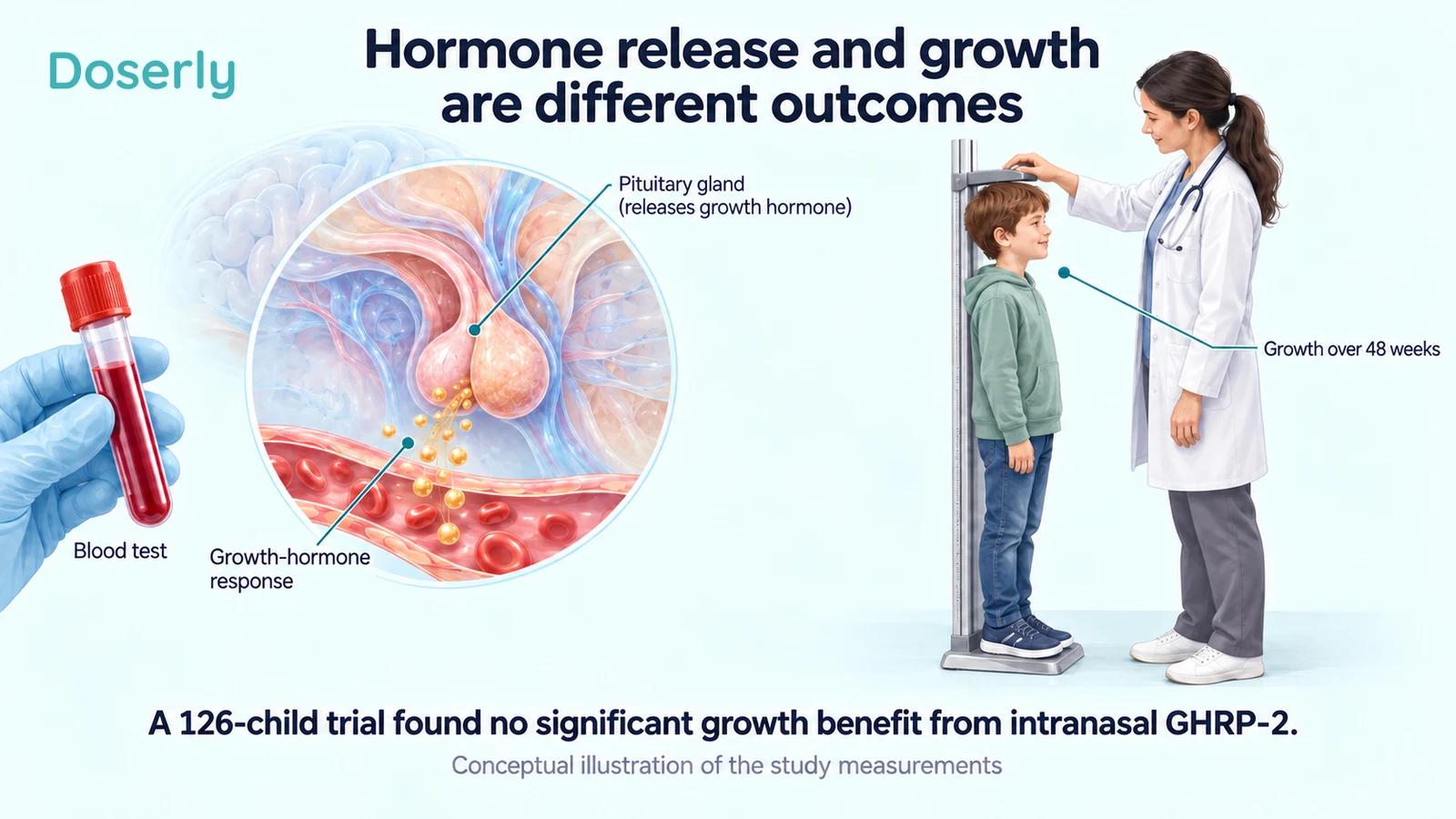 Timed hormone sampling beside a separate pediatric height measurement illustrates the two outcomes in the trial.
