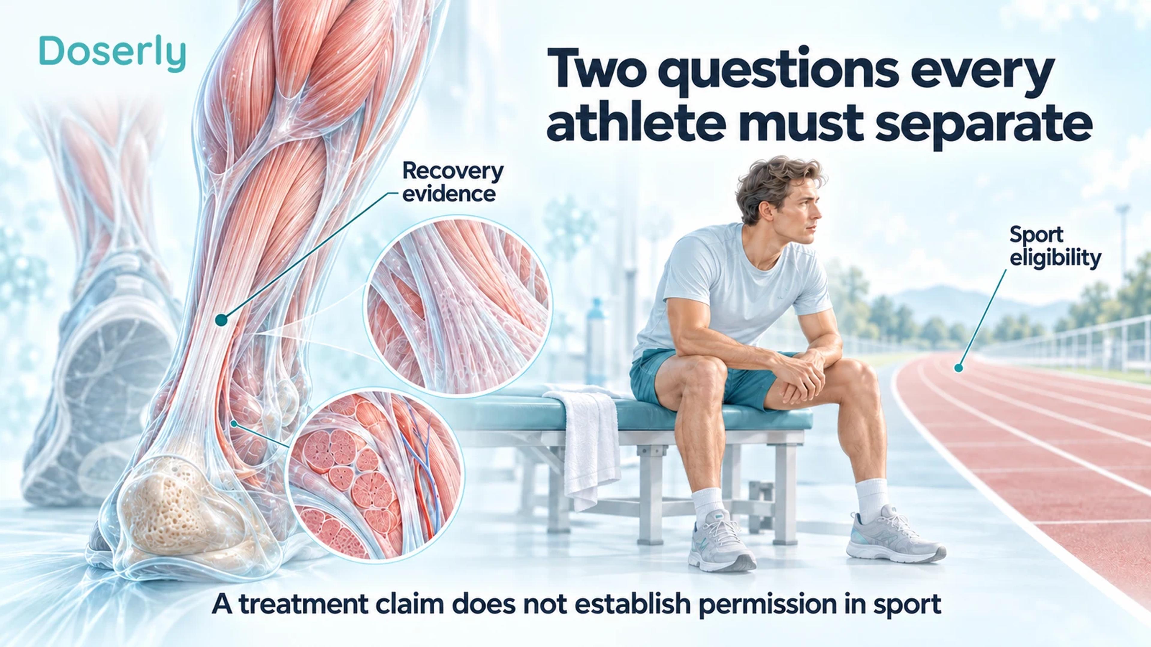 Detailed Achilles tendon illustration beside a seated clothed athlete and an empty running track