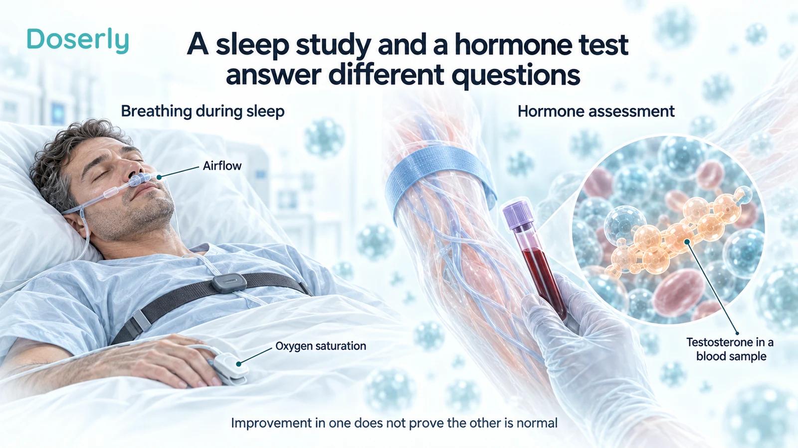 Sleep-study airflow and oxygen sensors beside a blood sample illustrate separate assessments of breathing and testosterone.
