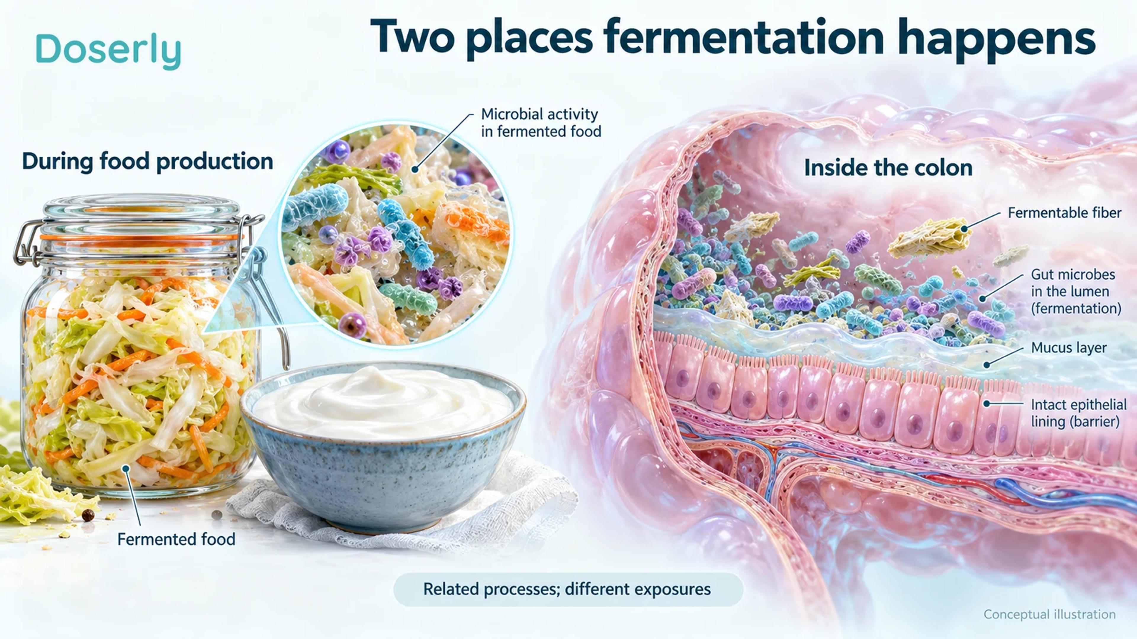 Fermented cabbage and yogurt beside a colon cross-section, distinguishing microbial activity in food production from fermentation of fiber inside the gut.