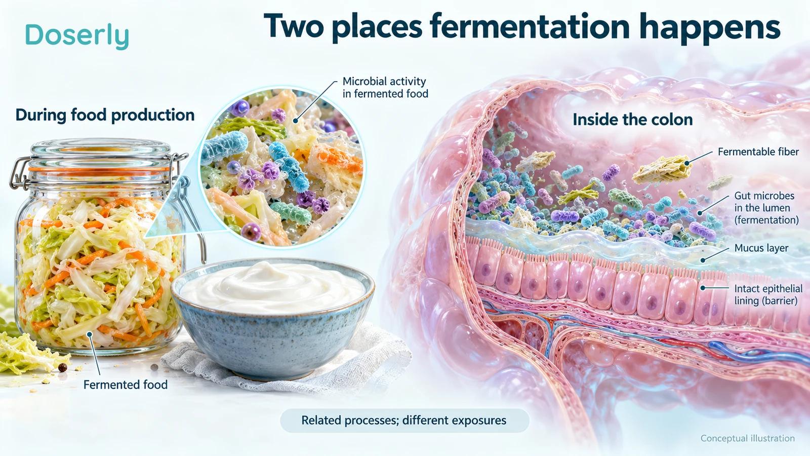Fermented cabbage and yogurt beside a colon cross-section, distinguishing microbial activity in food production from fermentation of fiber inside the gut.
