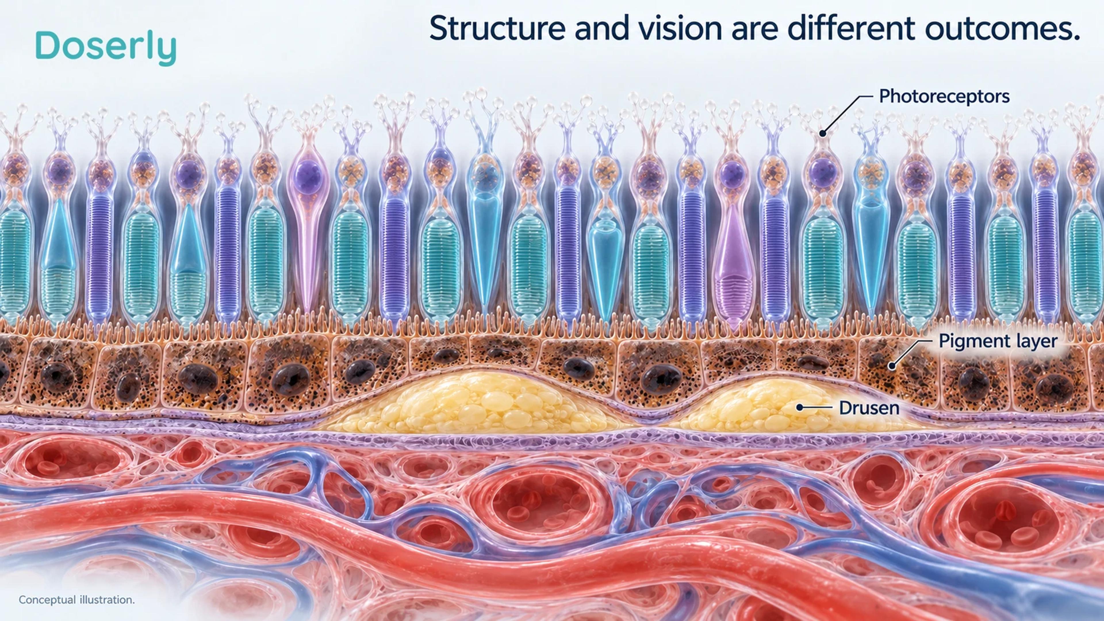 An enlarged retinal tissue cutaway shows photoreceptors above a pigment layer with drusen deposits beneath it.