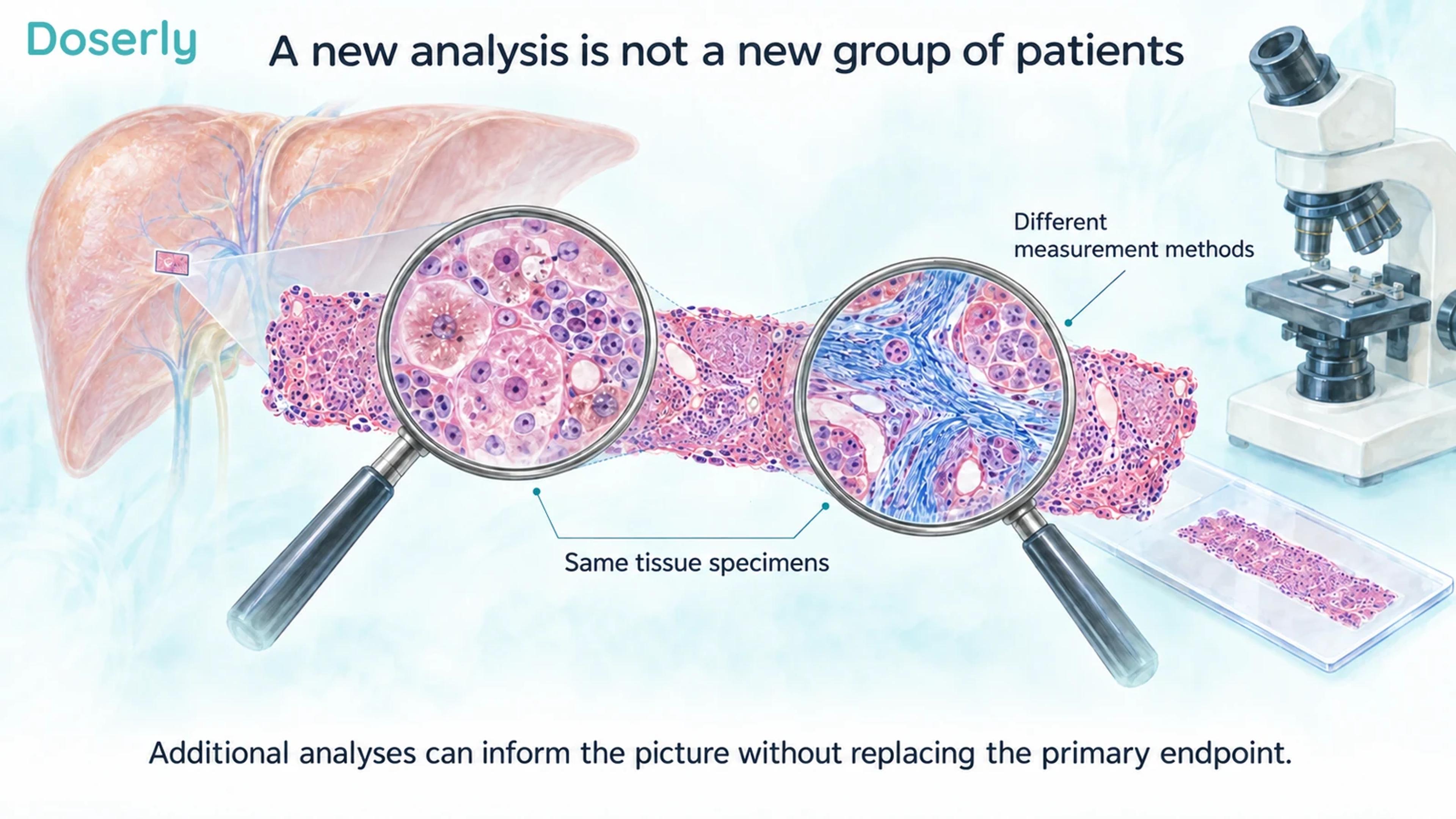 One illustrated liver-tissue specimen examined through two lenses, representing different analyses of the same material.
