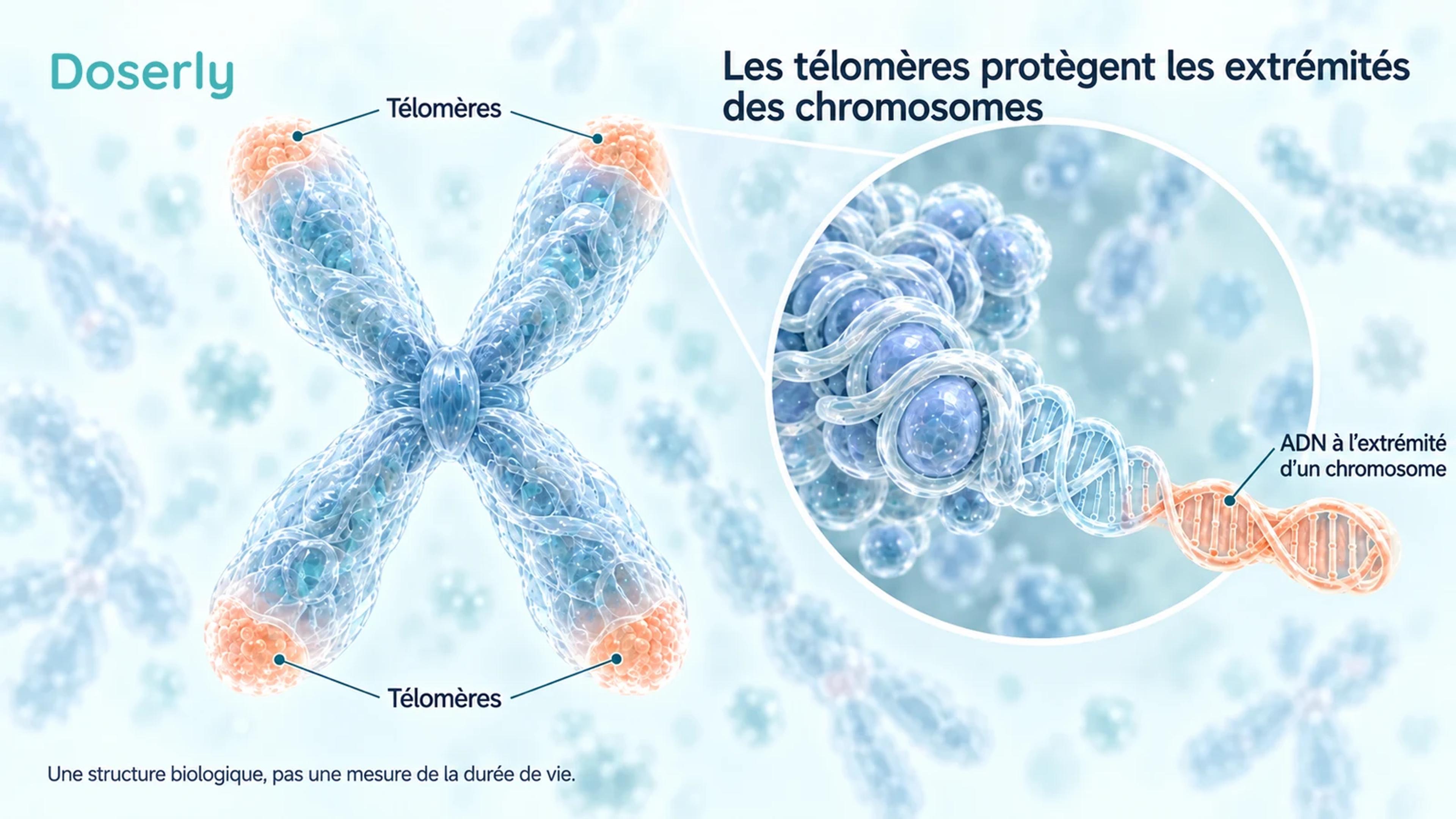 Chromosome détaillé dont les télomères sont mis en évidence aux extrémités, avec un encadré montrant une extrémité d’ADN agrandie
