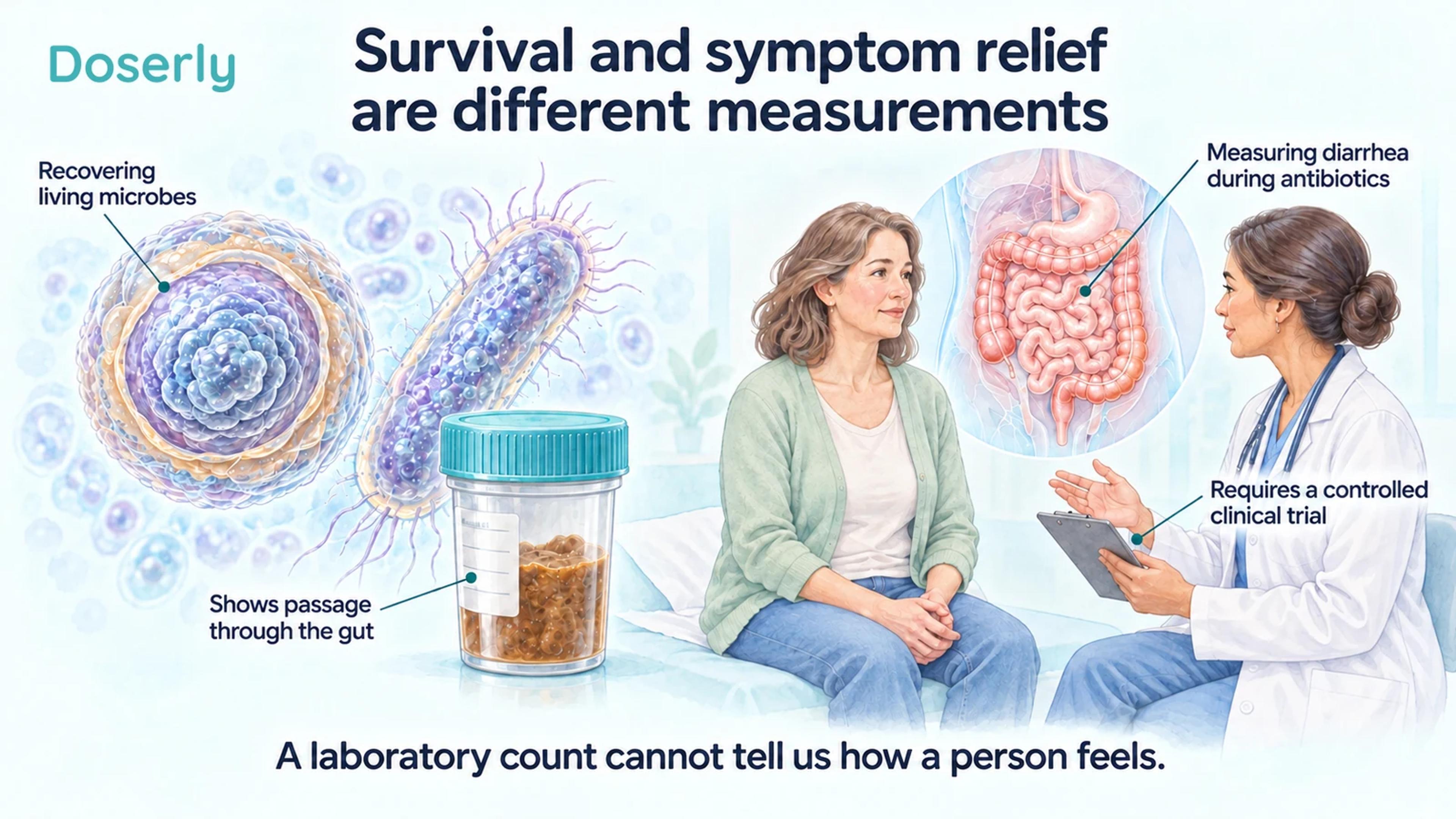 Illustration contrasting laboratory recovery of living microbes from a stool specimen with a clinical conversation about diarrhea during antibiotic treatment.