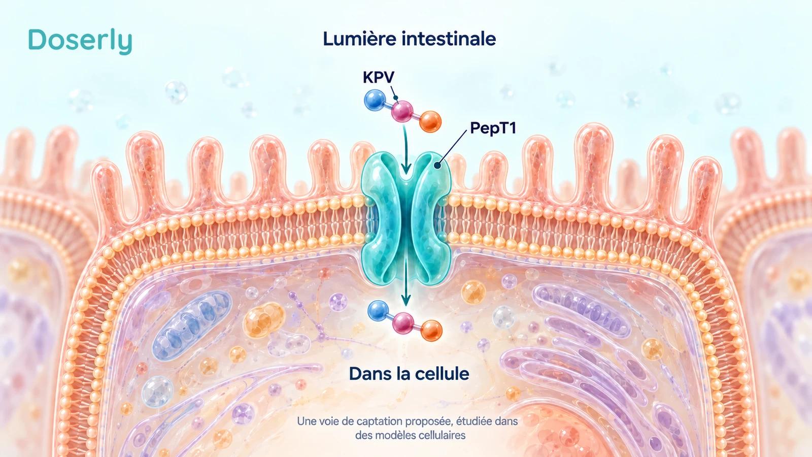 Un transporteur PepT1 schématique traverse la membrane d’une cellule intestinale, tandis qu’une représentation symbolique du KPV passe de la lumière intestinale à l’intérieur de la cellule.