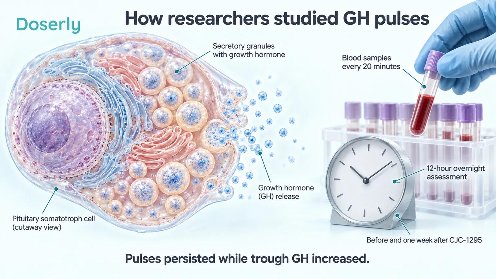 A detailed pituitary secretory cell beside blood specimens and a clock illustrates repeated overnight sampling in the CJC-1295 pulse study.