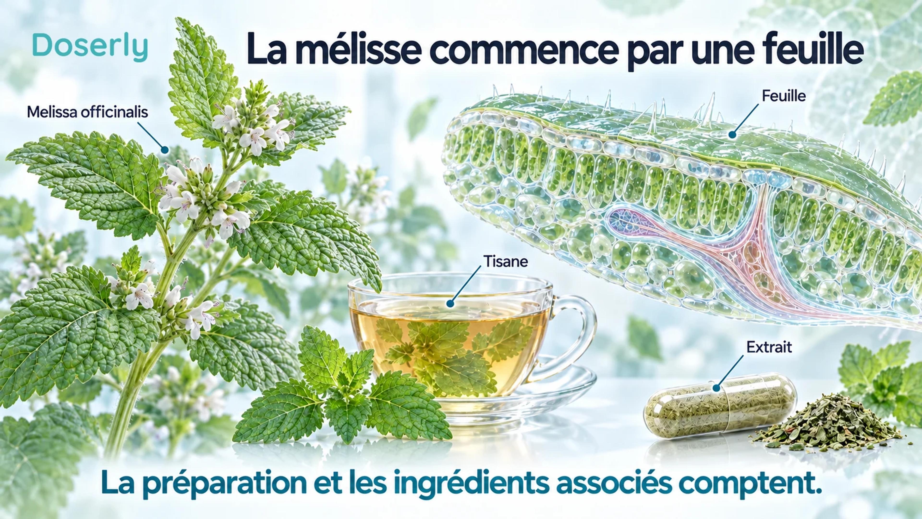 Un plant de mélisse et un agrandissement des tissus de sa feuille accompagnent une tisane et une capsule d’extrait.
