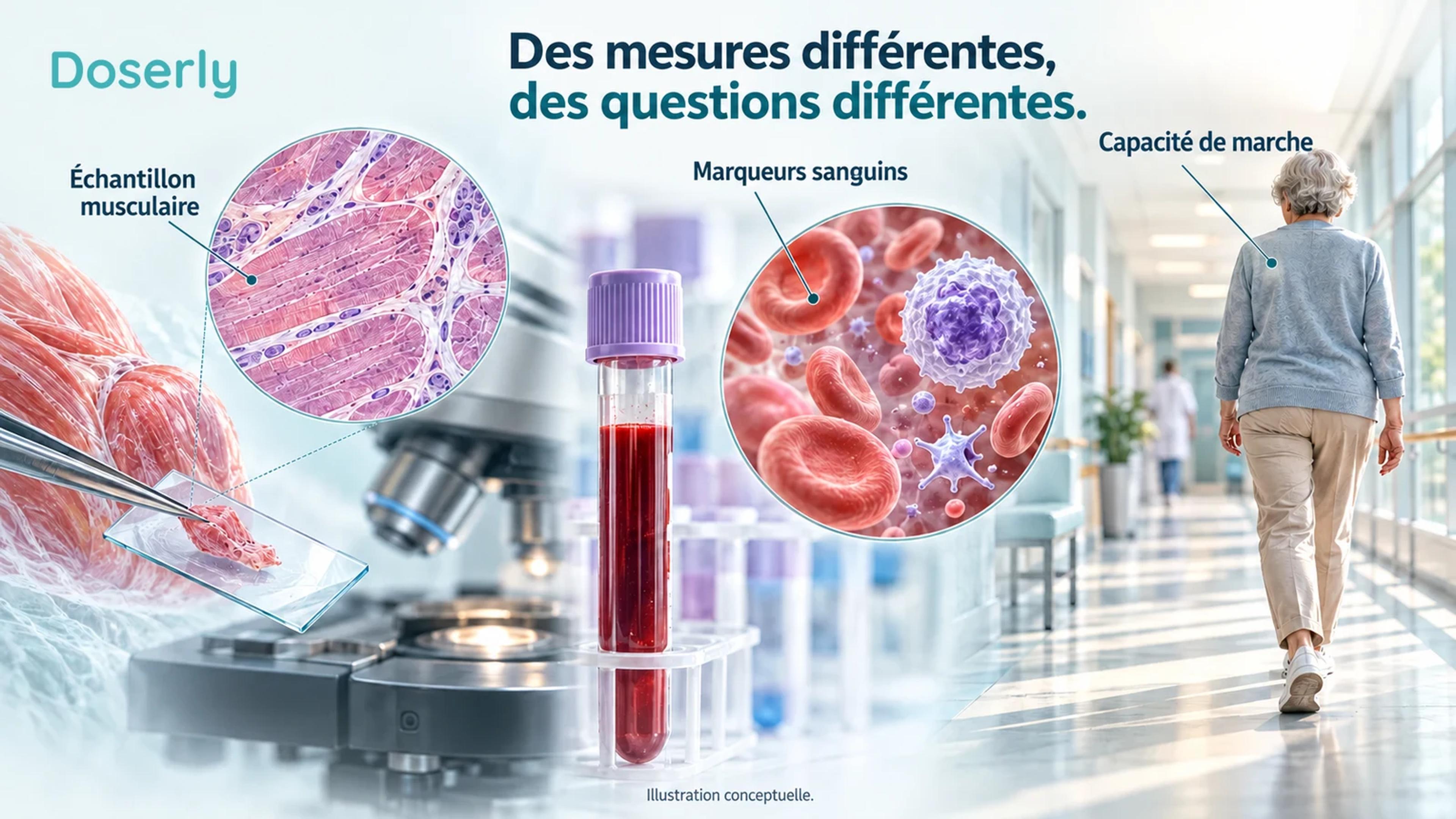 Comparaison conceptuelle d’une biopsie musculaire, d’un échantillon sanguin et d’une évaluation supervisée de la marche.
