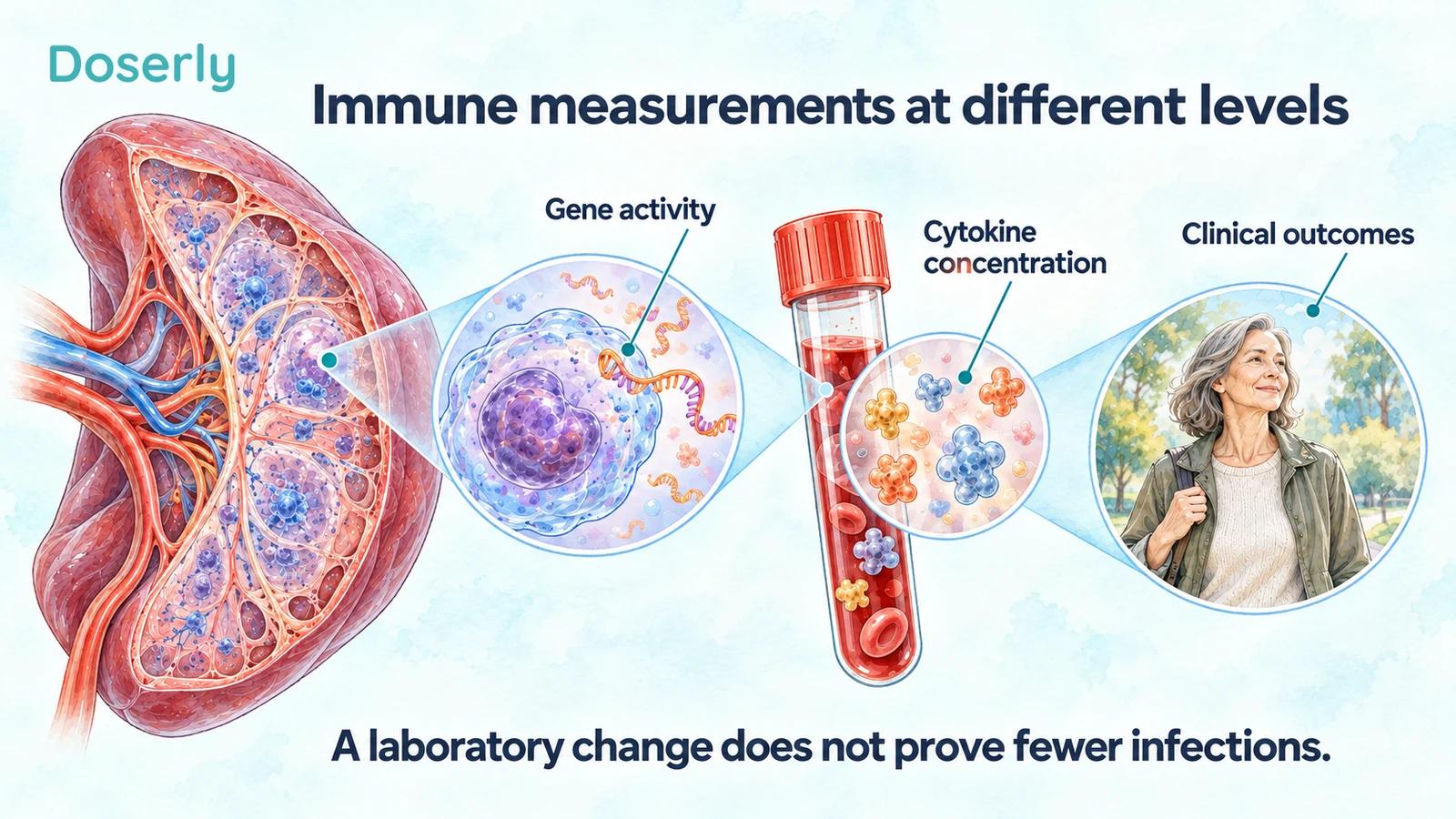 Conceptual lymphoid tissue, an immune cell, a blood sample and a person illustrate gene activity, cytokine measurements and clinical outcomes.