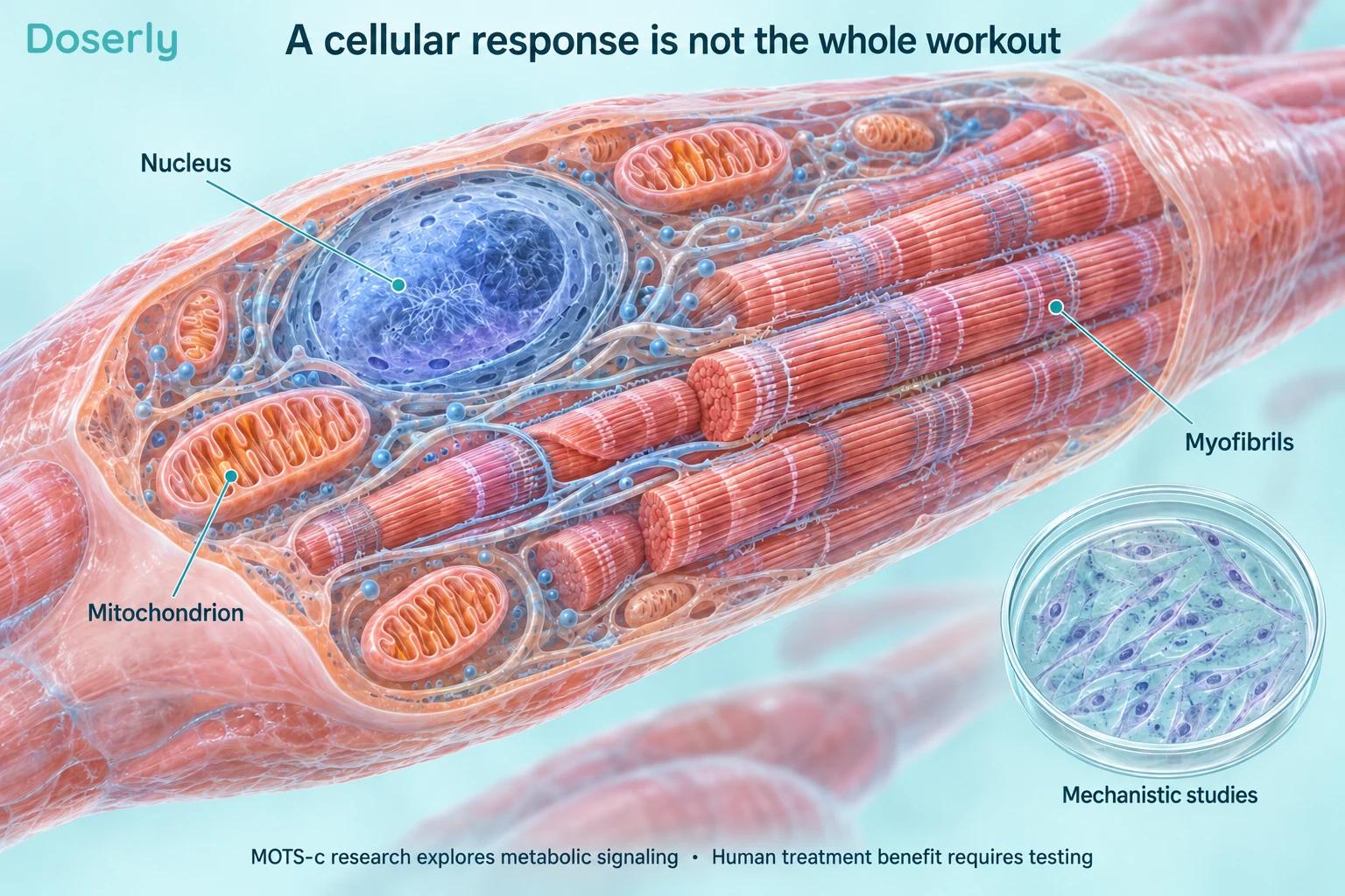 A detailed muscle-cell cutaway identifies mitochondria, a nucleus and contractile fibers alongside a small cell-culture illustration.