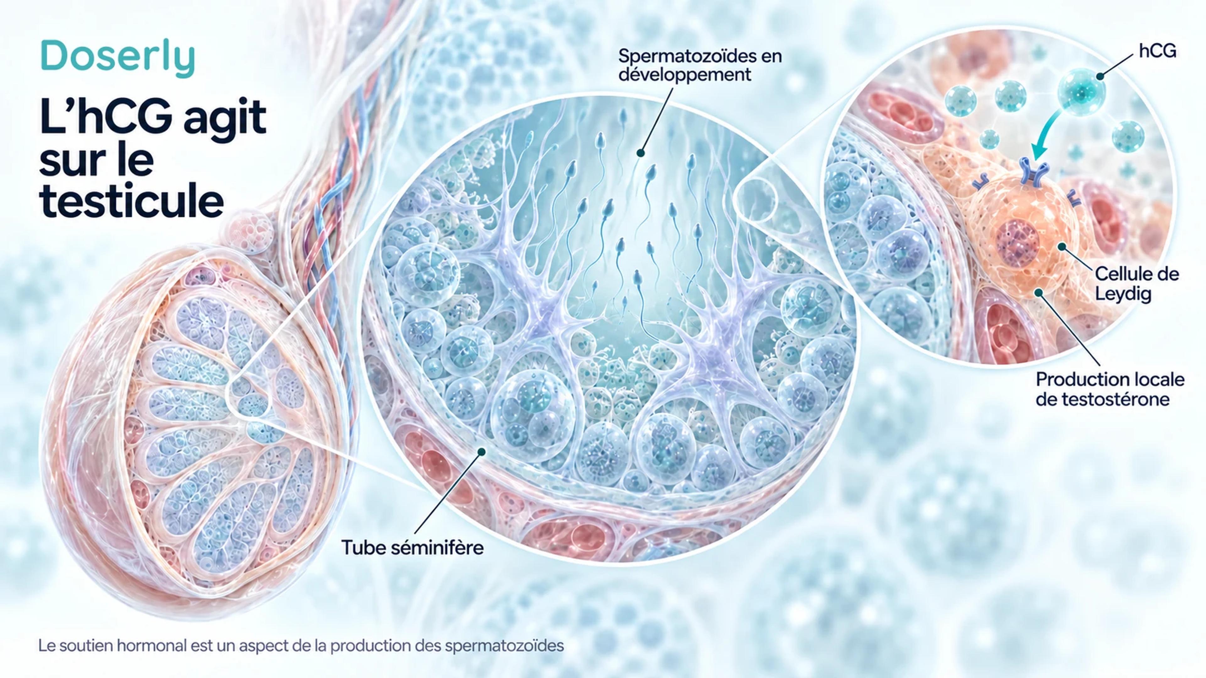 Coupes d’un testicule et d’un tube séminifère, avec un encadré montrant l’hCG qui s’approche d’un récepteur sur une cellule de Leydig à l’extérieur du tube.