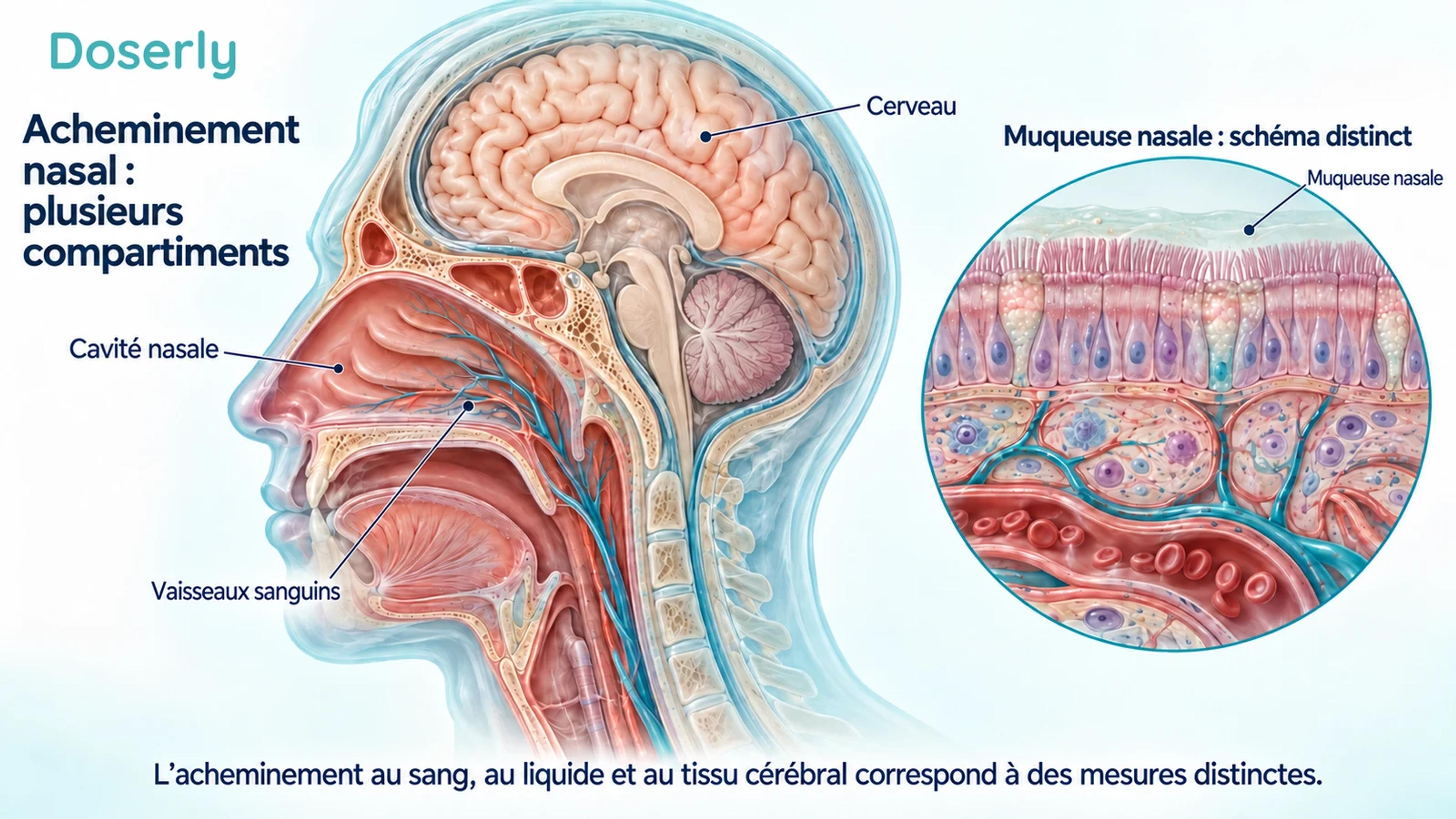 Anatomie de la tête en coupe sagittale montrant la cavité nasale, le cerveau et les vaisseaux sanguins, à côté d’un schéma distinct de la muqueuse nasale.