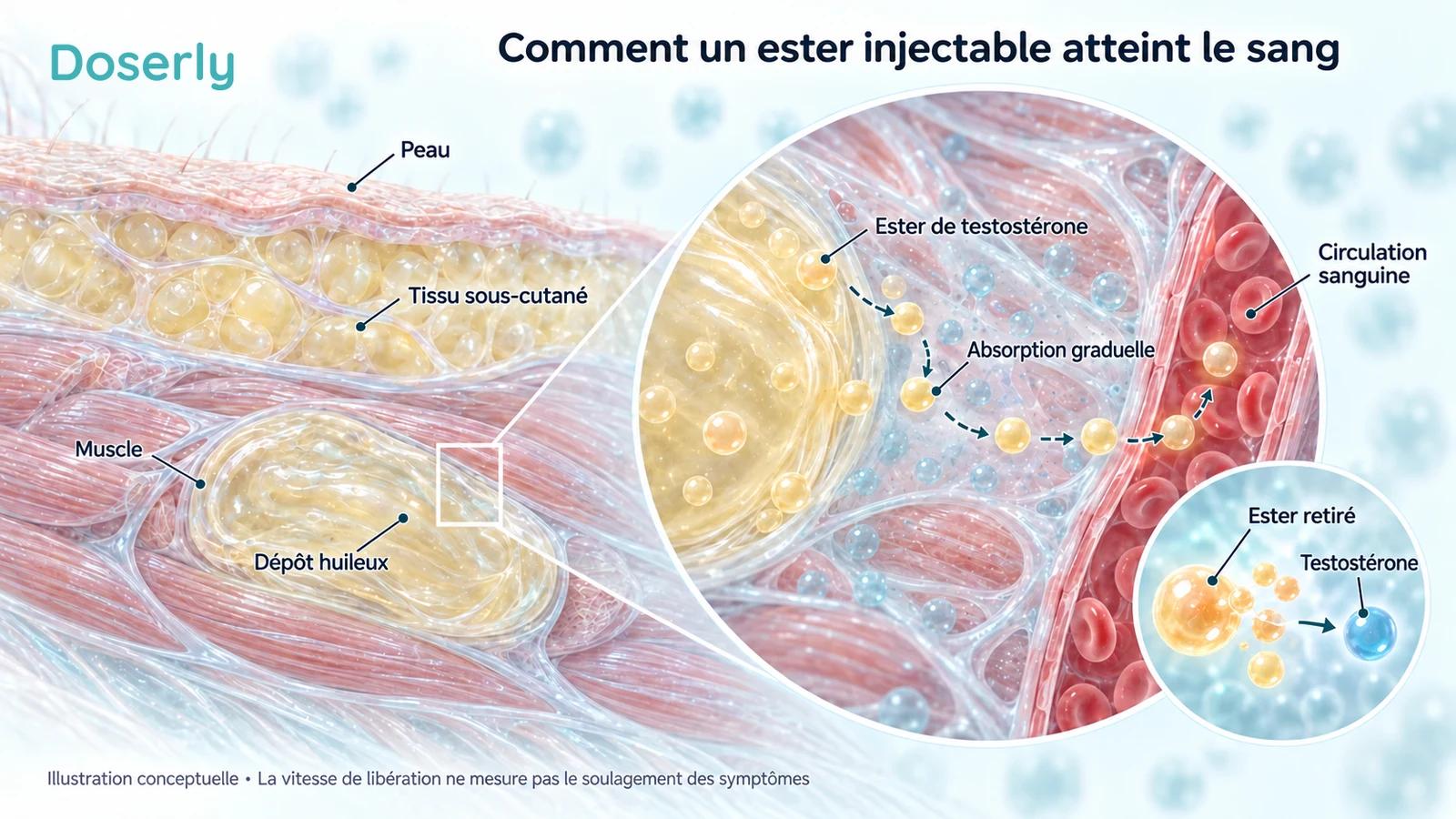 Dépôt huileux musculaire et capillaire illustrant l’absorption graduelle de l’ester de testostérone, puis le retrait de l’ester.