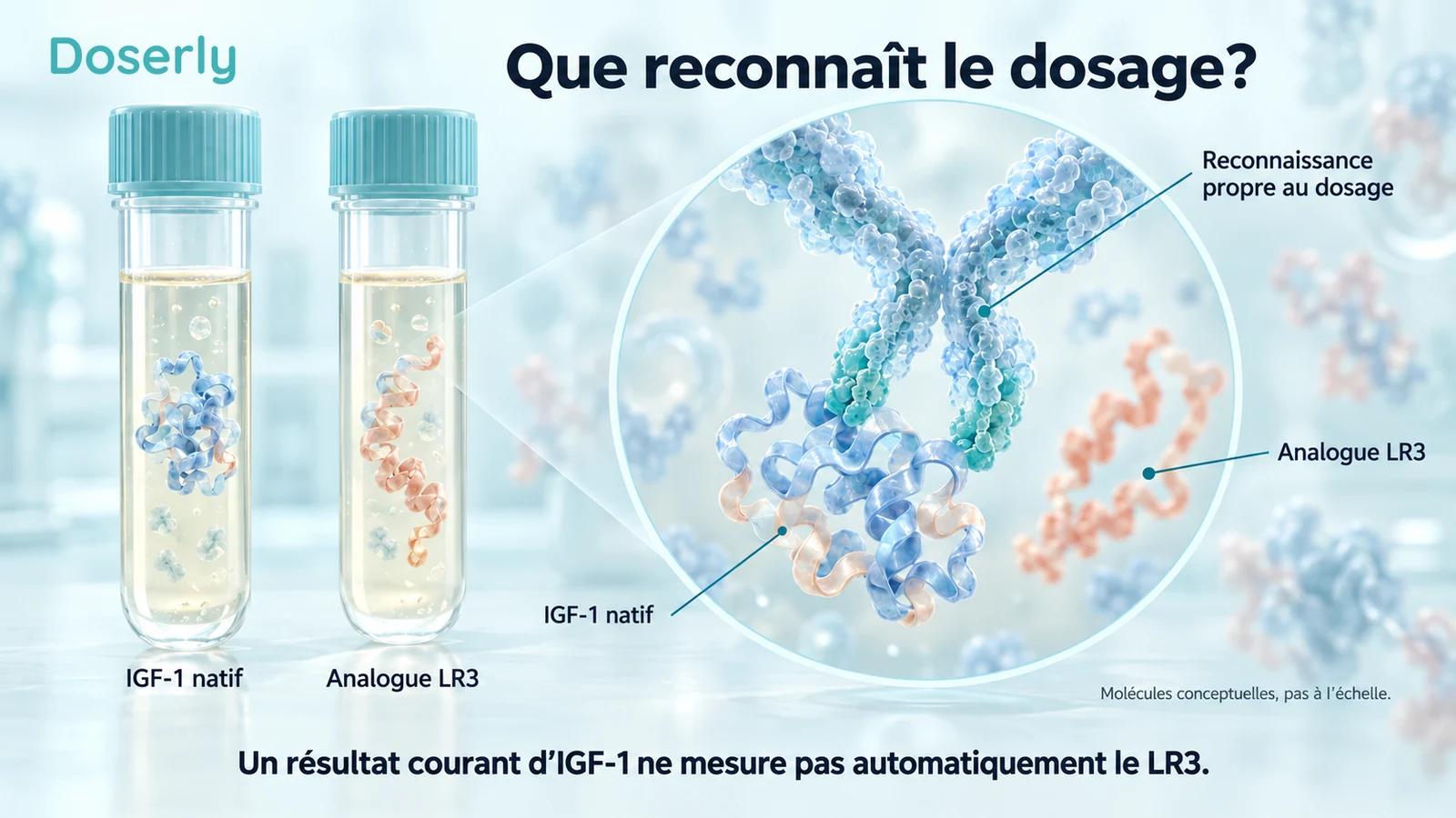 Représentations conceptuelles des protéines IGF-1 native et LR3, accompagnées de la reconnaissance par anticorps dans un test de laboratoire.