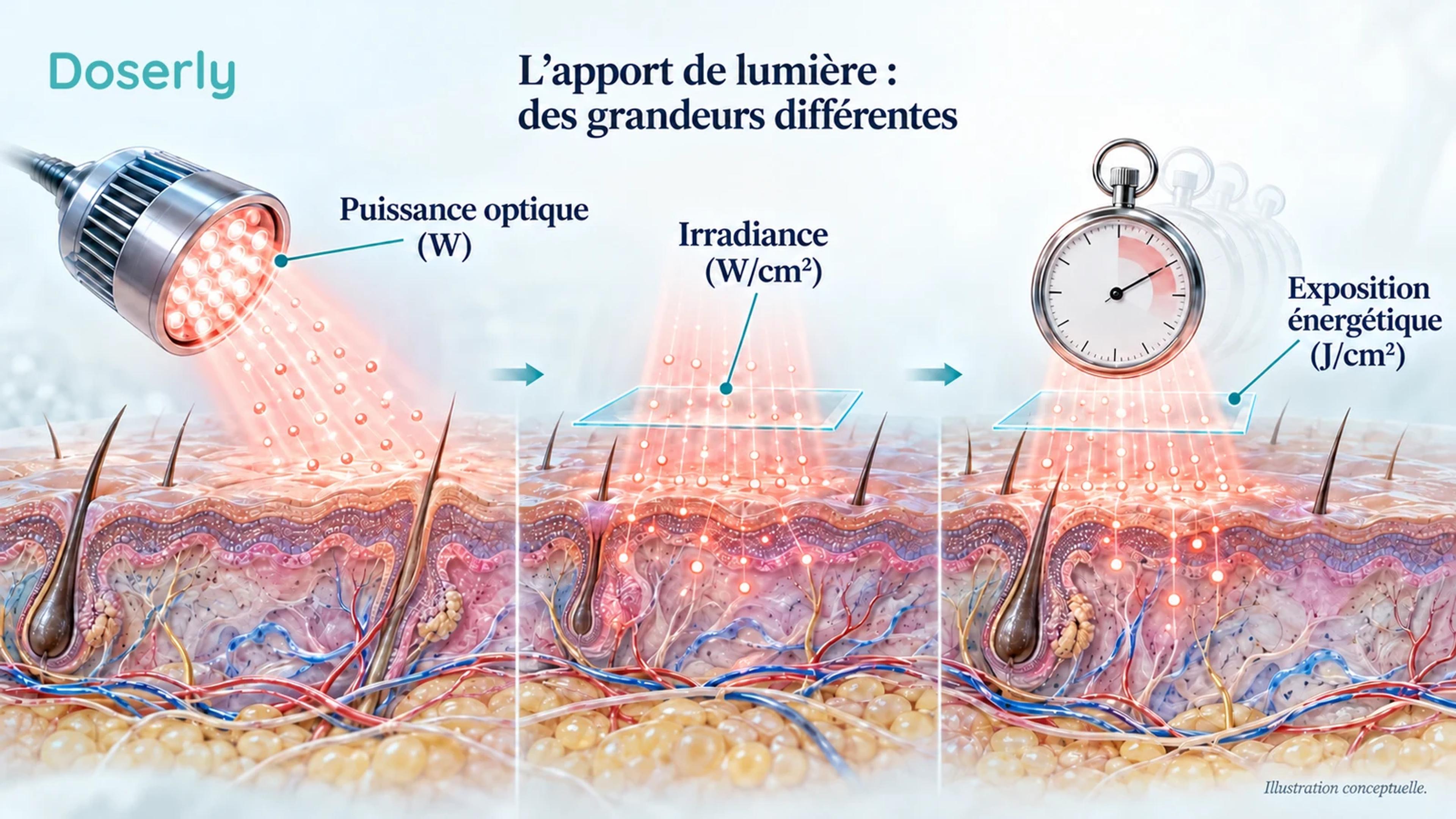 Une source lumineuse, une petite surface cutanée et une minuterie illustrent la puissance optique, l’irradiance et l’exposition énergétique comme des grandeurs distinctes.