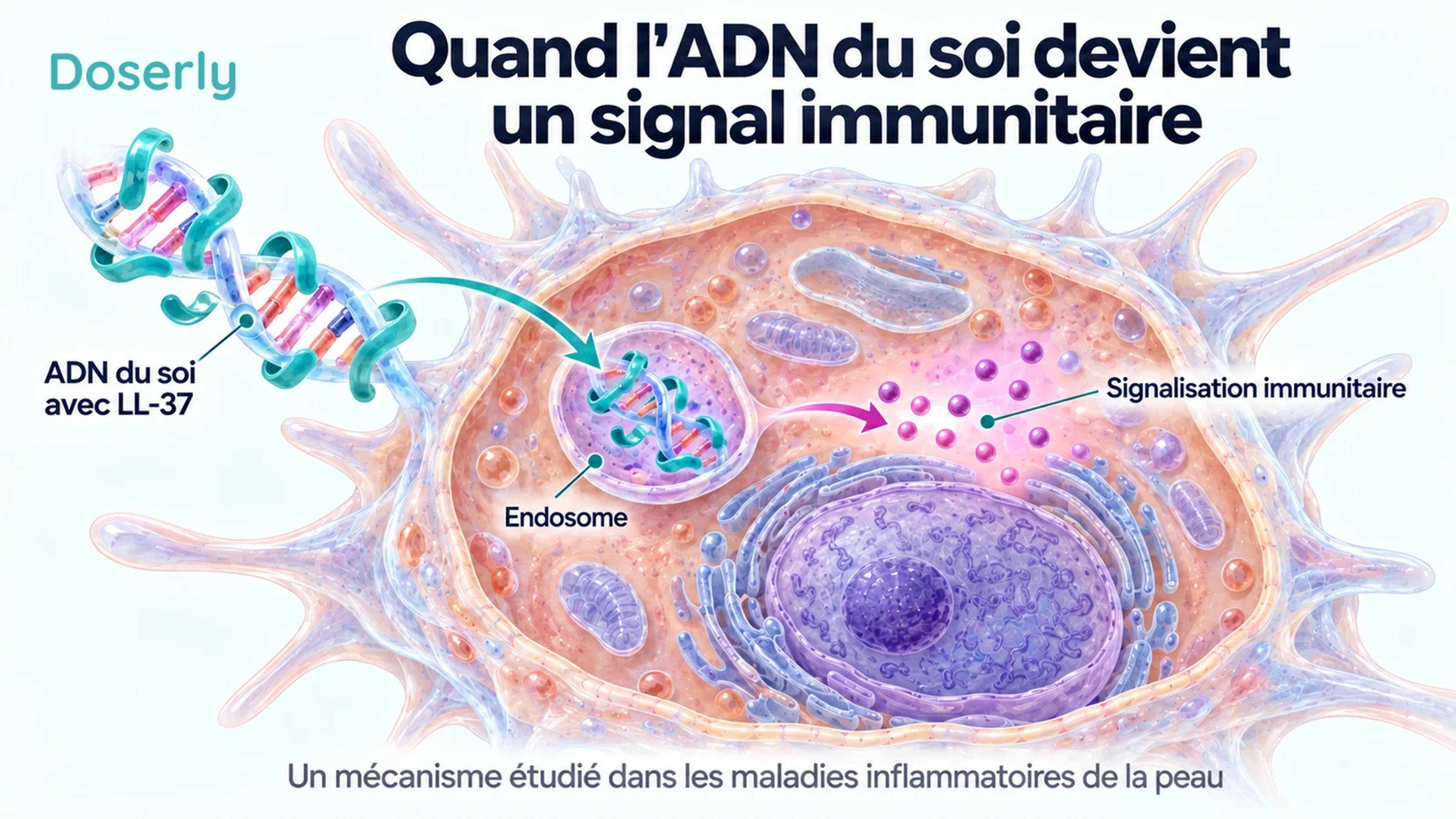 Un complexe schématique de LL-37 et d’ADN du soi entre dans un endosome d’une cellule dendritique, distinct du noyau.