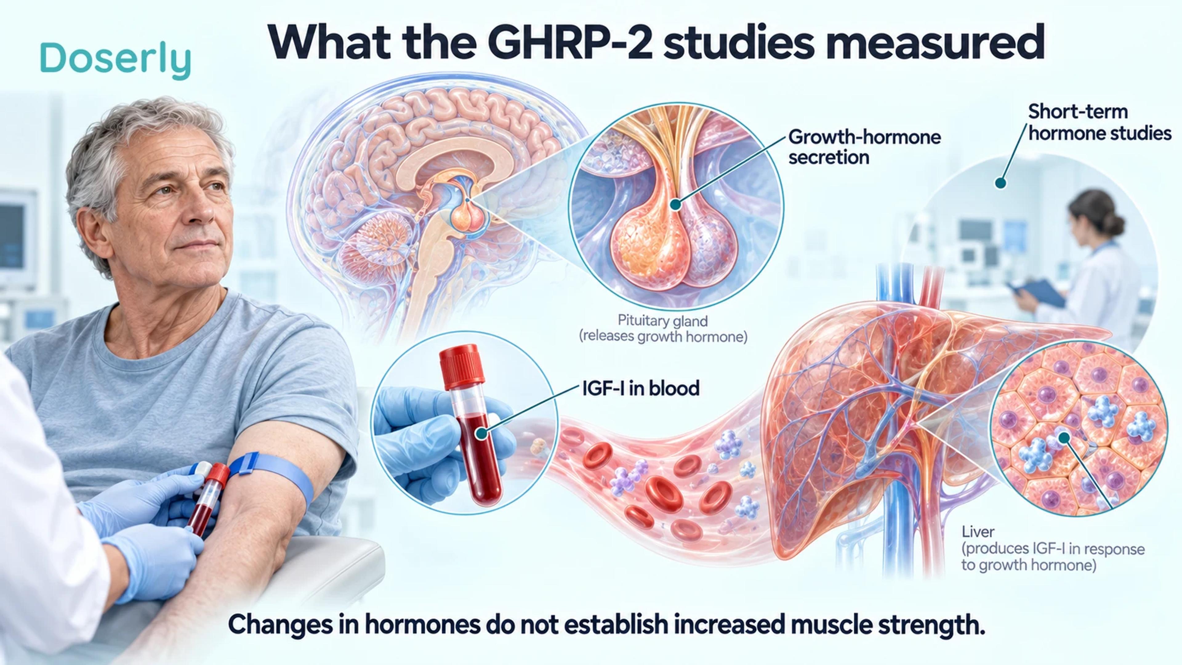 A clinical blood sample, pituitary inset and liver illustration explain the hormone measurements in GHRP-2 studies.