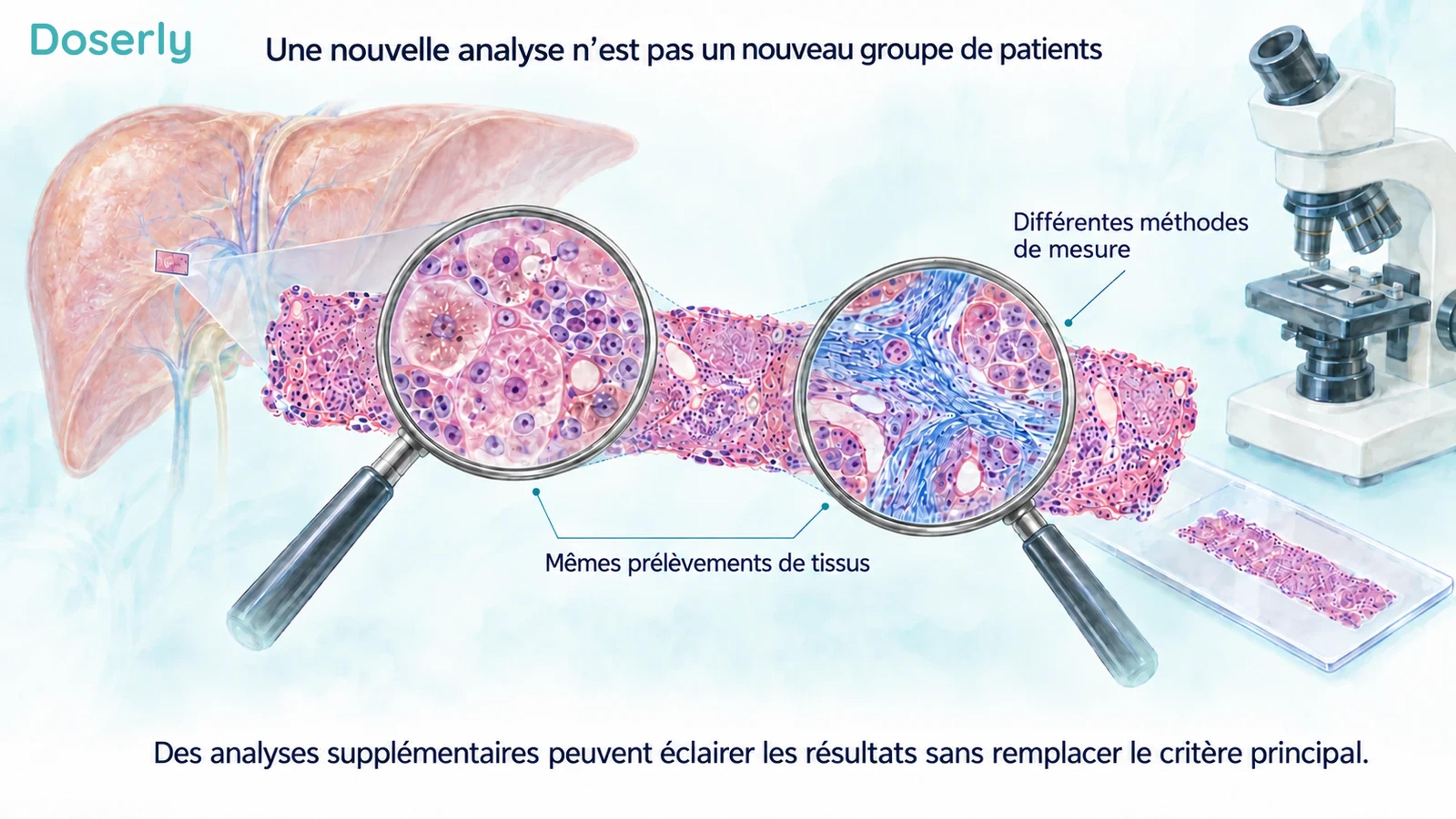 Illustration d’un prélèvement de tissu hépatique examiné à travers deux lentilles, représentant différentes analyses du même matériel.