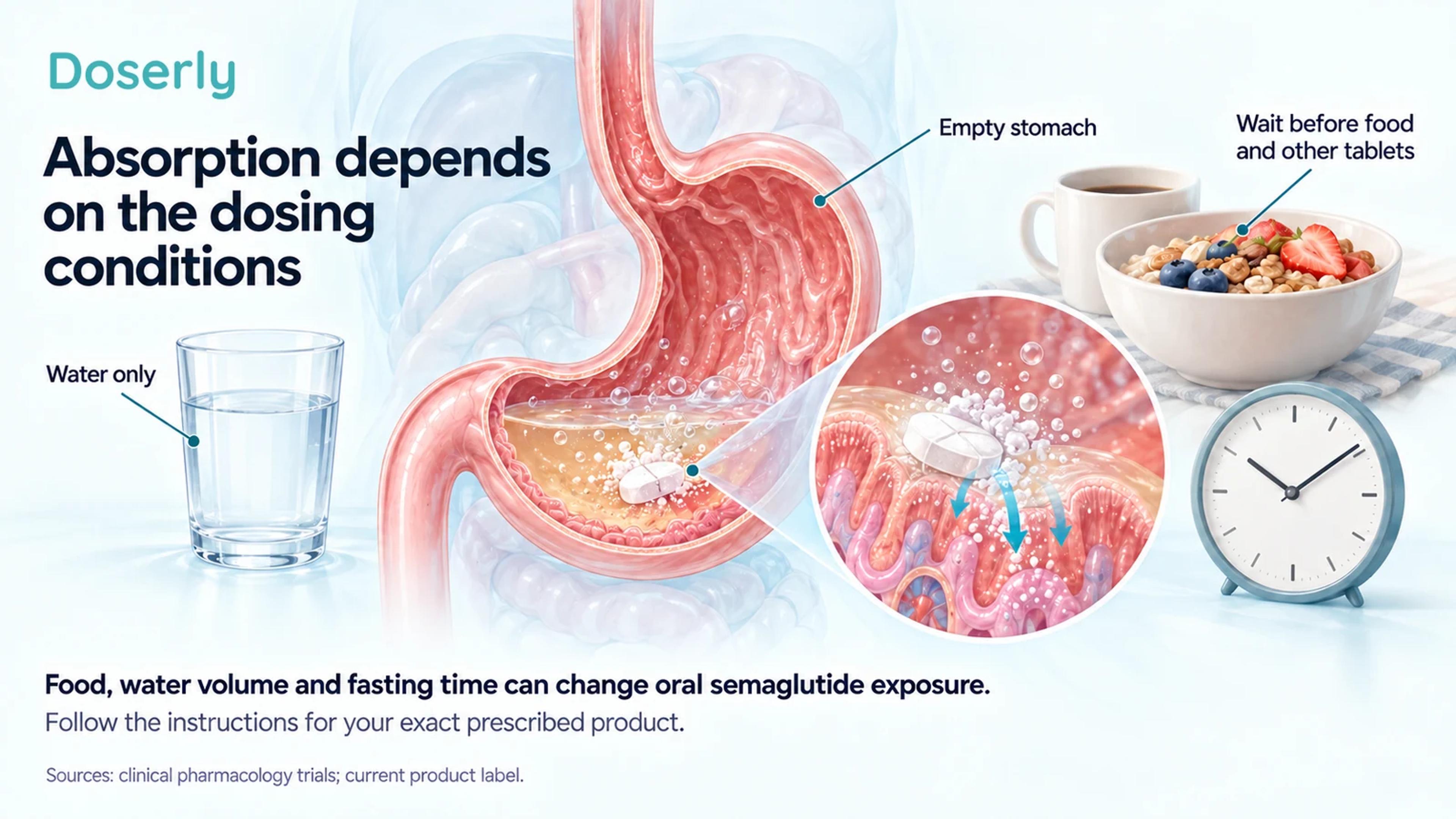 A detailed stomach illustration with water, breakfast and a clock explains factors affecting tablet absorption.