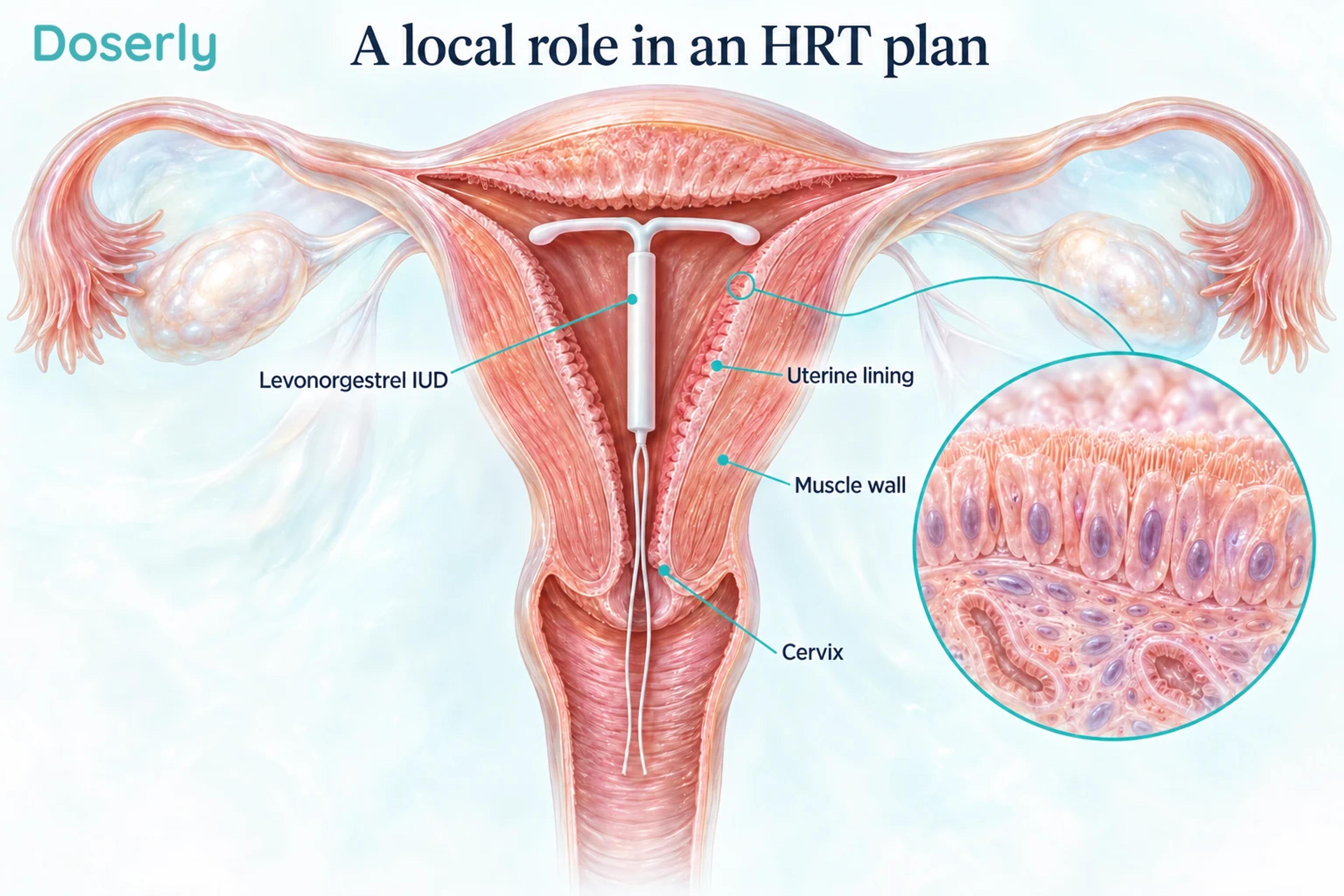 Cutaway uterus showing a hormonal IUD in the cavity and an enlarged illustration of the uterine lining.