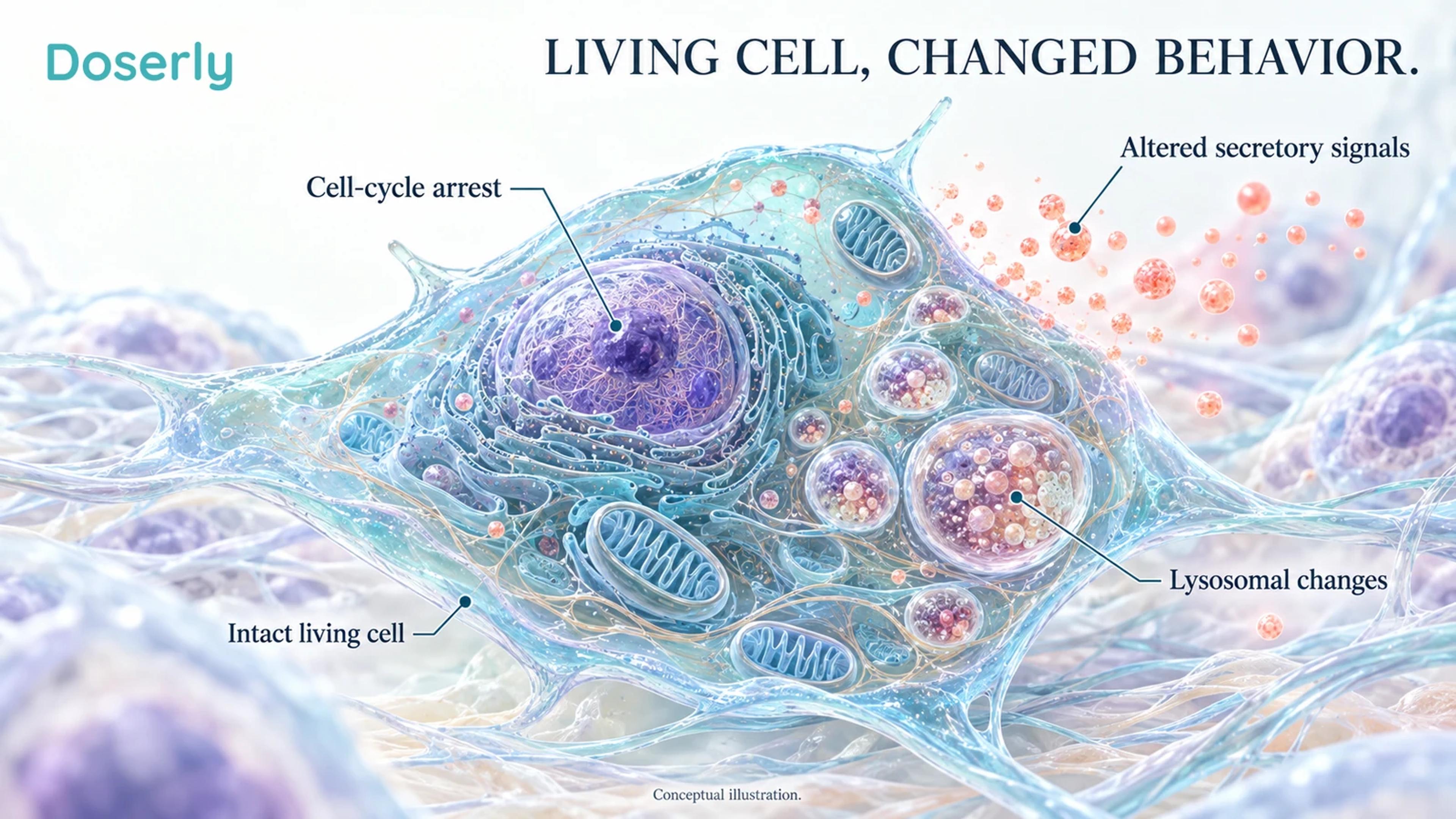 Translucent senescent cell with an intact membrane, arrested division, enlarged lysosomes and secreted signals reaching neighboring tissue