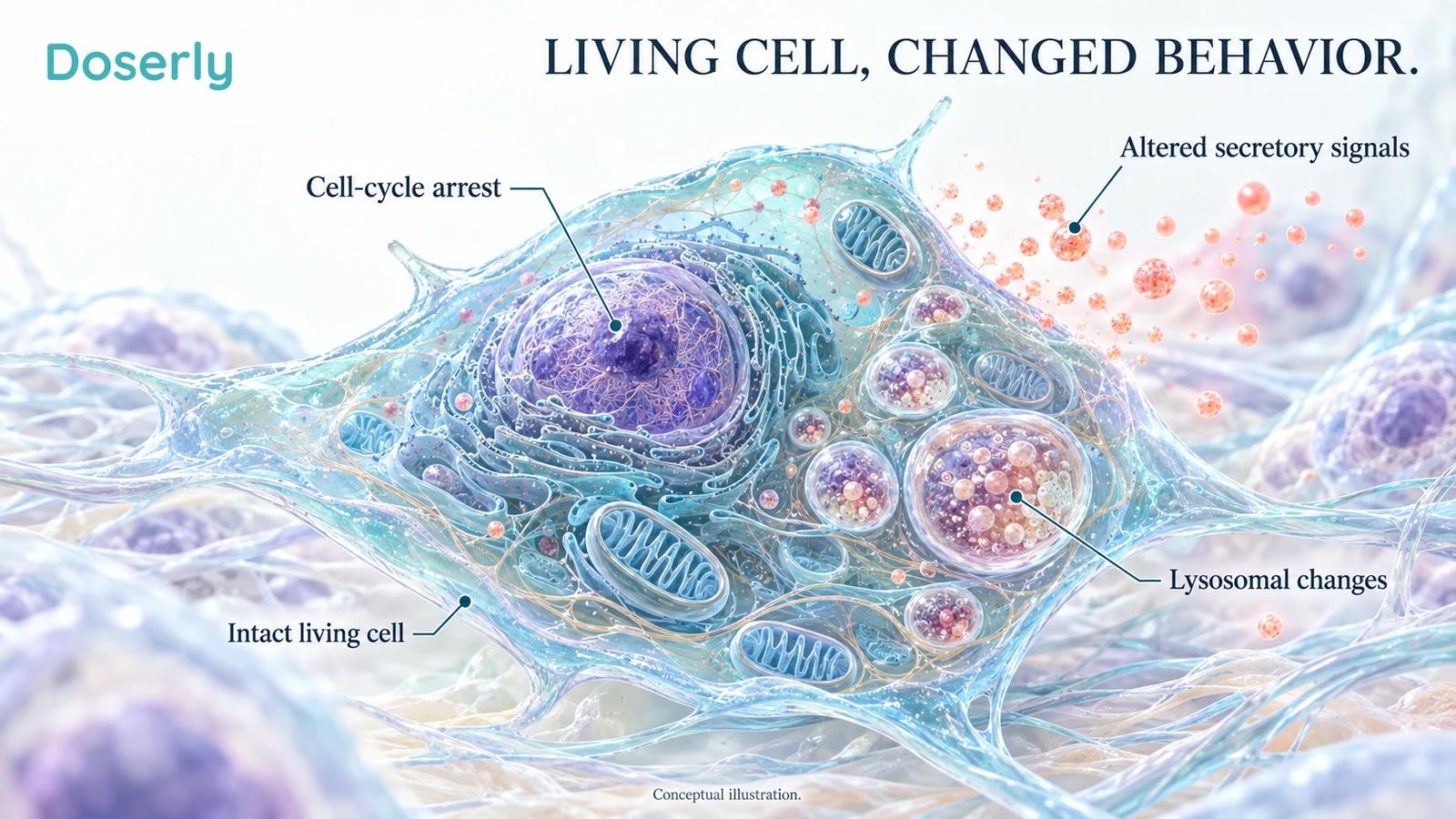 Translucent senescent cell with an intact membrane, arrested division, enlarged lysosomes and secreted signals reaching neighboring tissue