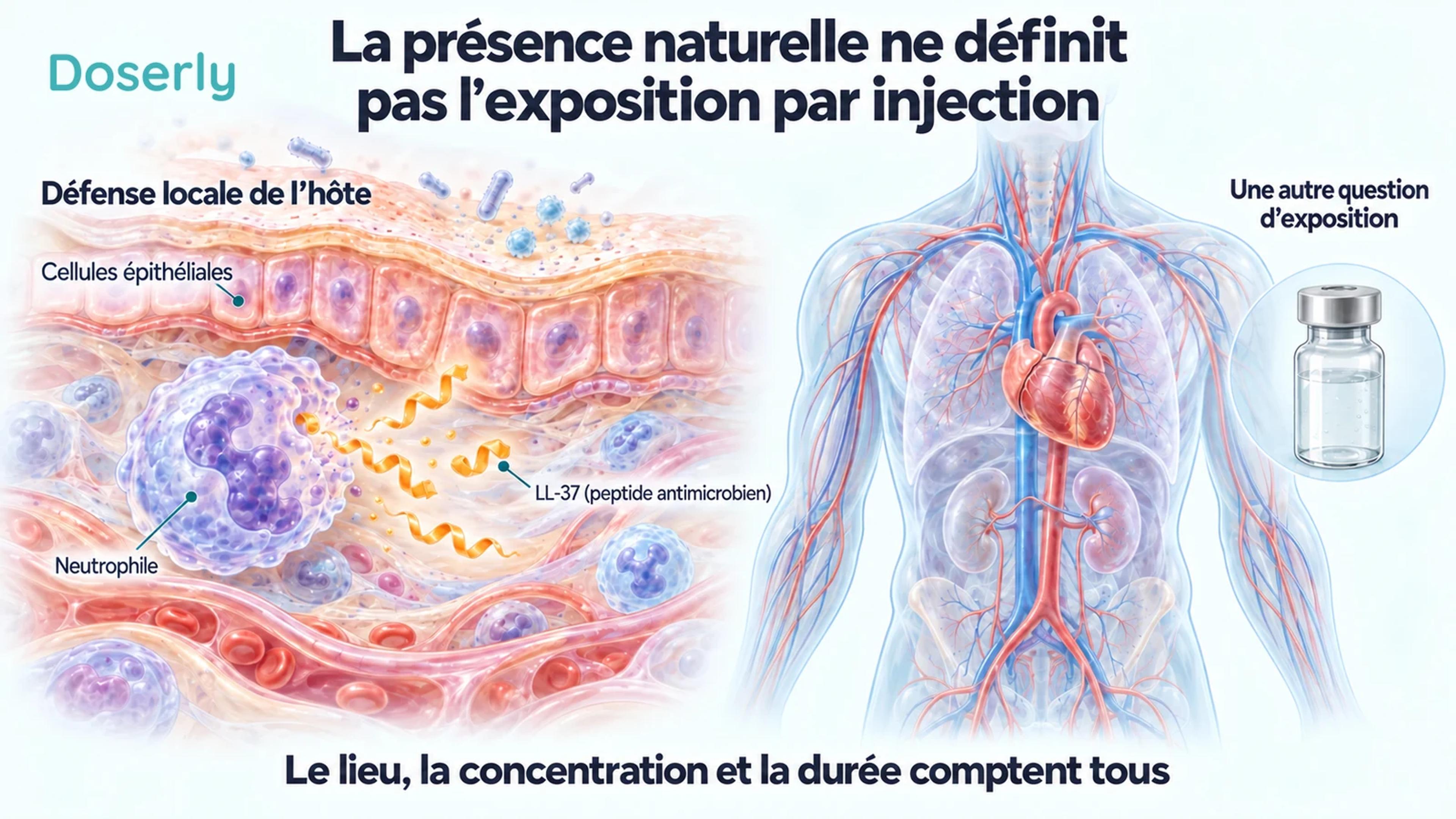 La libération locale de peptide dans la peau est comparée à un corps translucide et à une fiole de médicament représentant une autre question d’exposition.