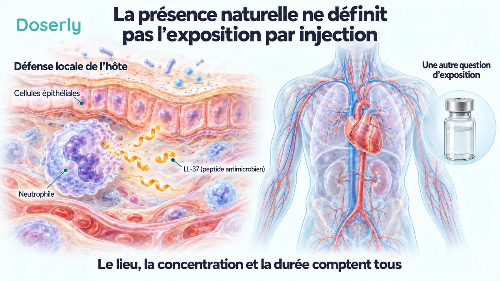 La libération locale de peptide dans la peau est comparée à un corps translucide et à une fiole de médicament représentant une autre question d’exposition.