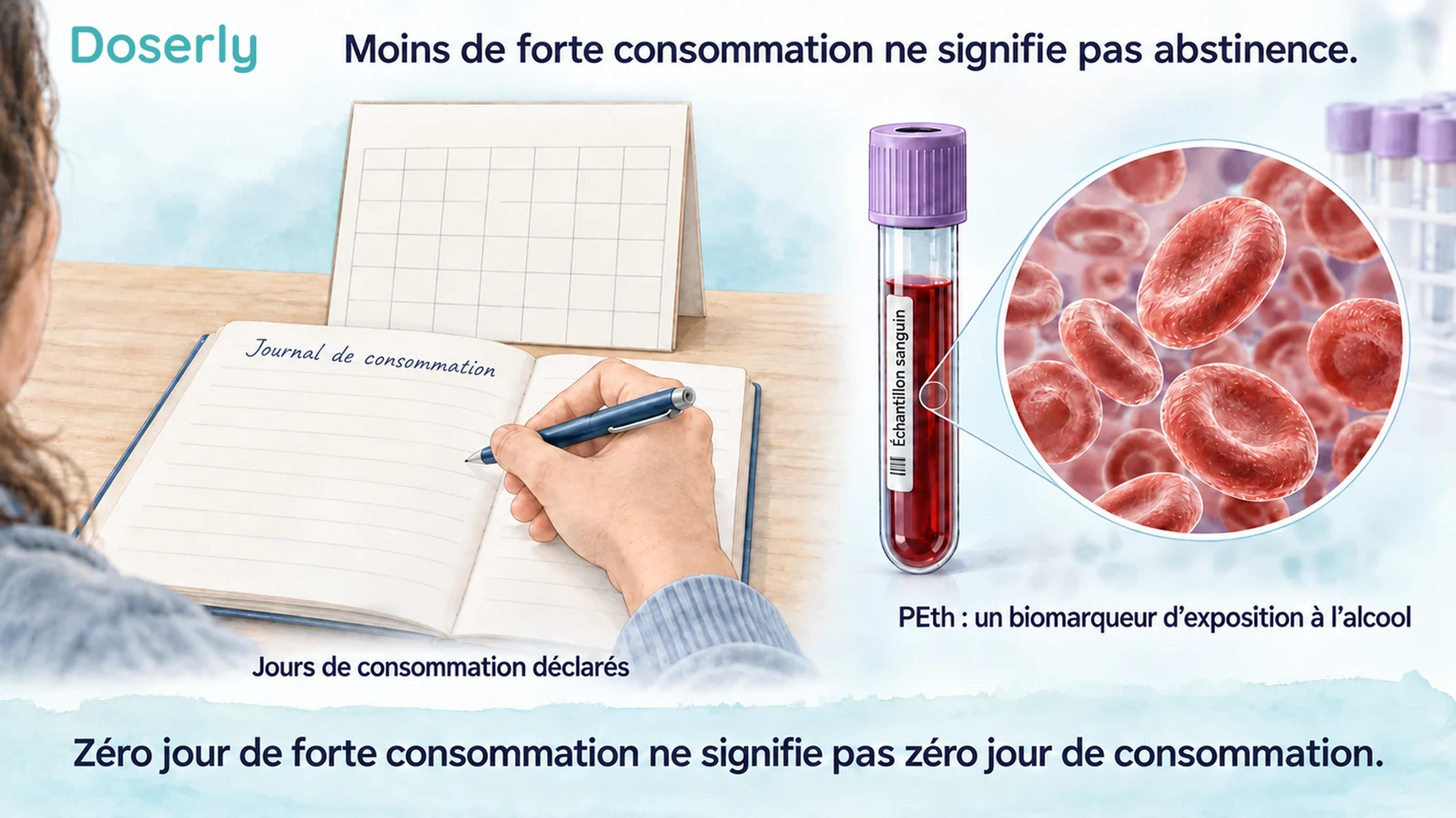 Illustration d’un journal de consommation et d’un échantillon sanguin présentant la consommation autodéclarée et le PEth comme des mesures complémentaires.