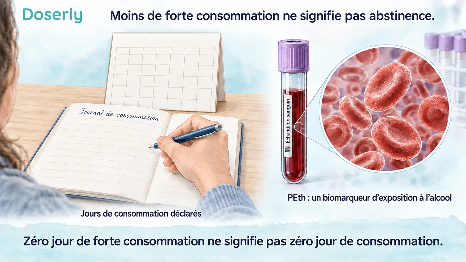Illustration d’un journal de consommation et d’un échantillon sanguin présentant la consommation autodéclarée et le PEth comme des mesures complémentaires.