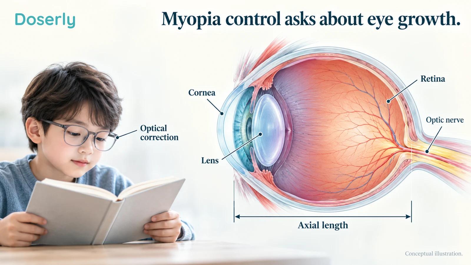 A child wearing spectacles appears beside an enlarged eye cutaway with the front-to-back dimension identified.