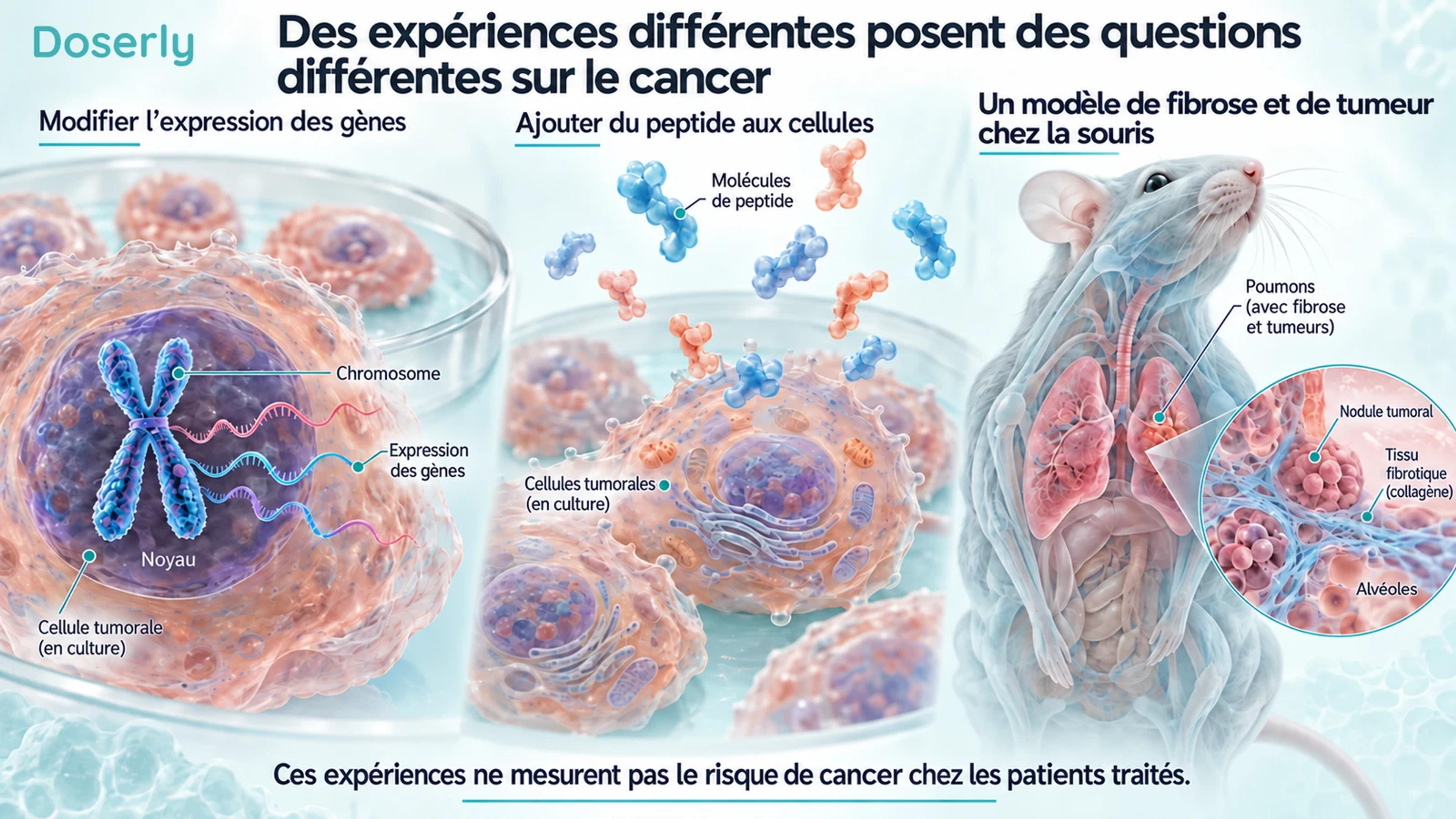 Des expériences sur l’expression des gènes, une exposition au peptide en culture cellulaire et un modèle pulmonaire chez la souris sont illustrés séparément.