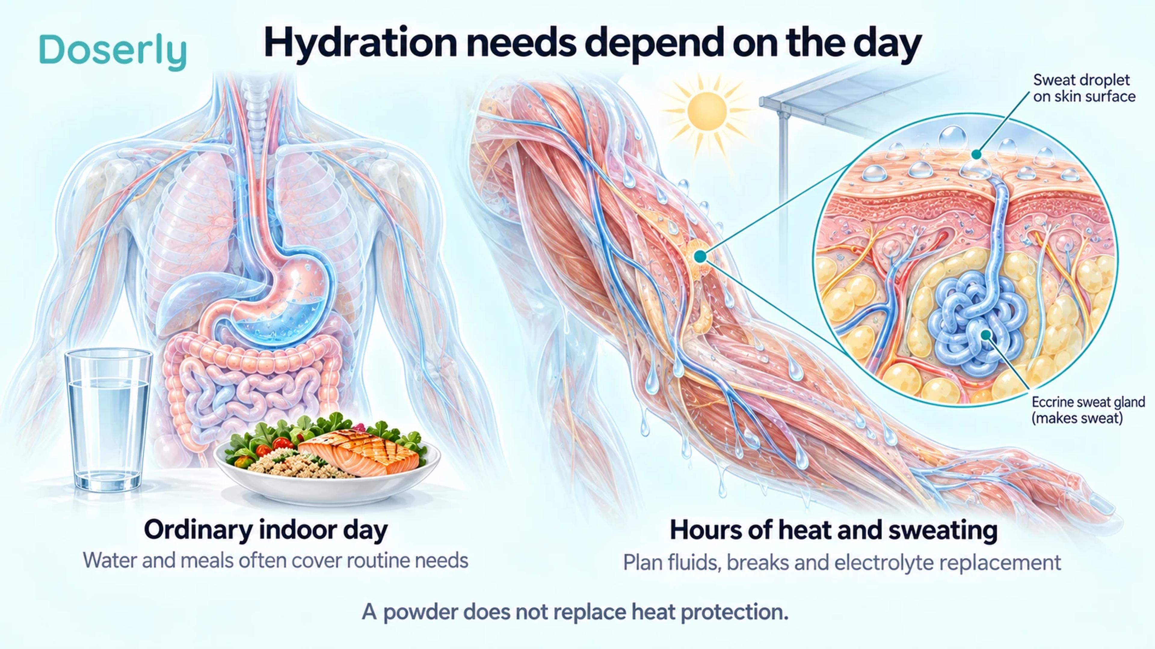 Detailed translucent torso beside water and food, with an anatomical forearm and enlarged sweat-gland cutaway illustrating prolonged sweating.