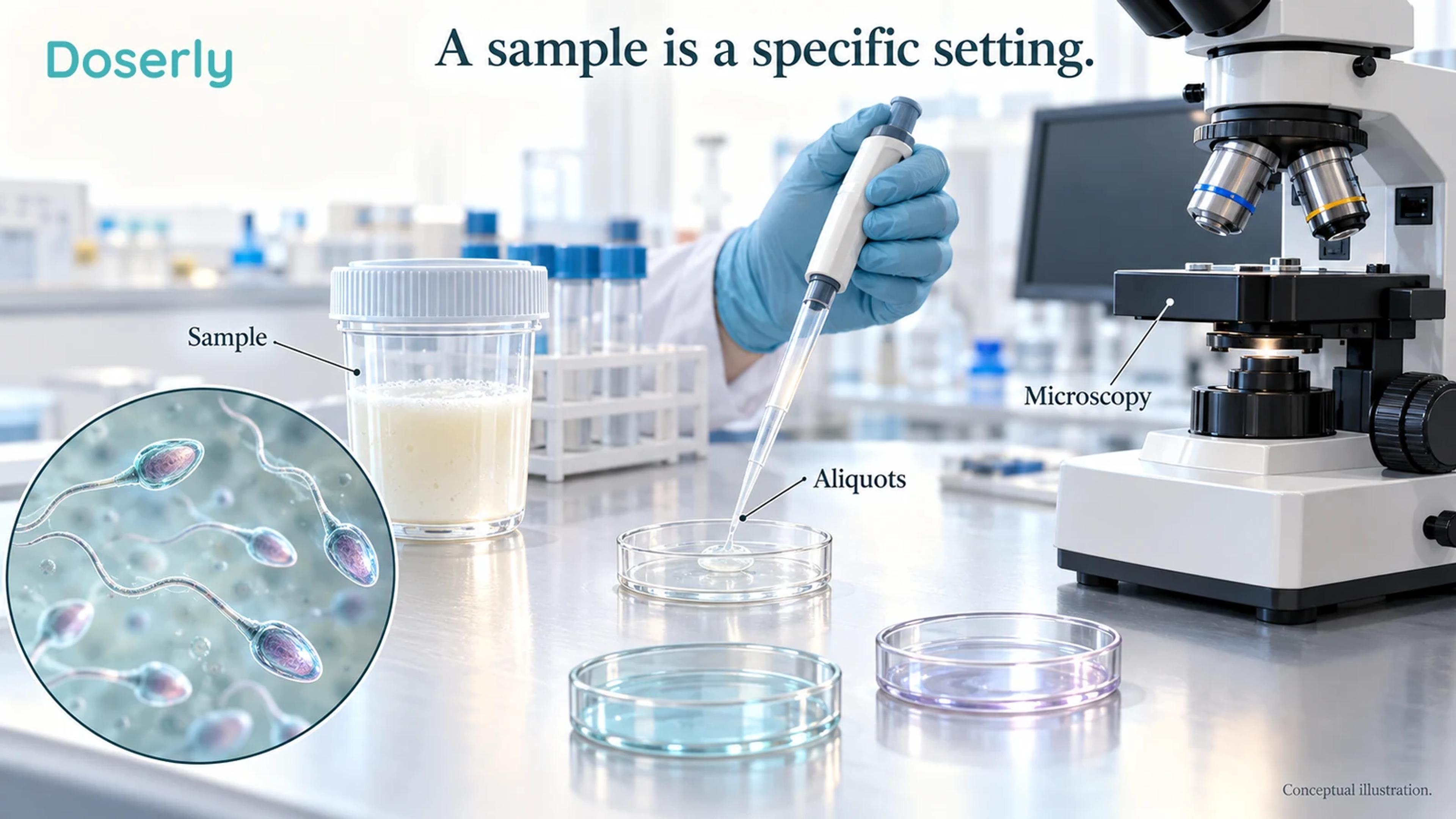 A conceptual andrology laboratory scene shows separate sample aliquots and microscopy, without a patient treatment device.