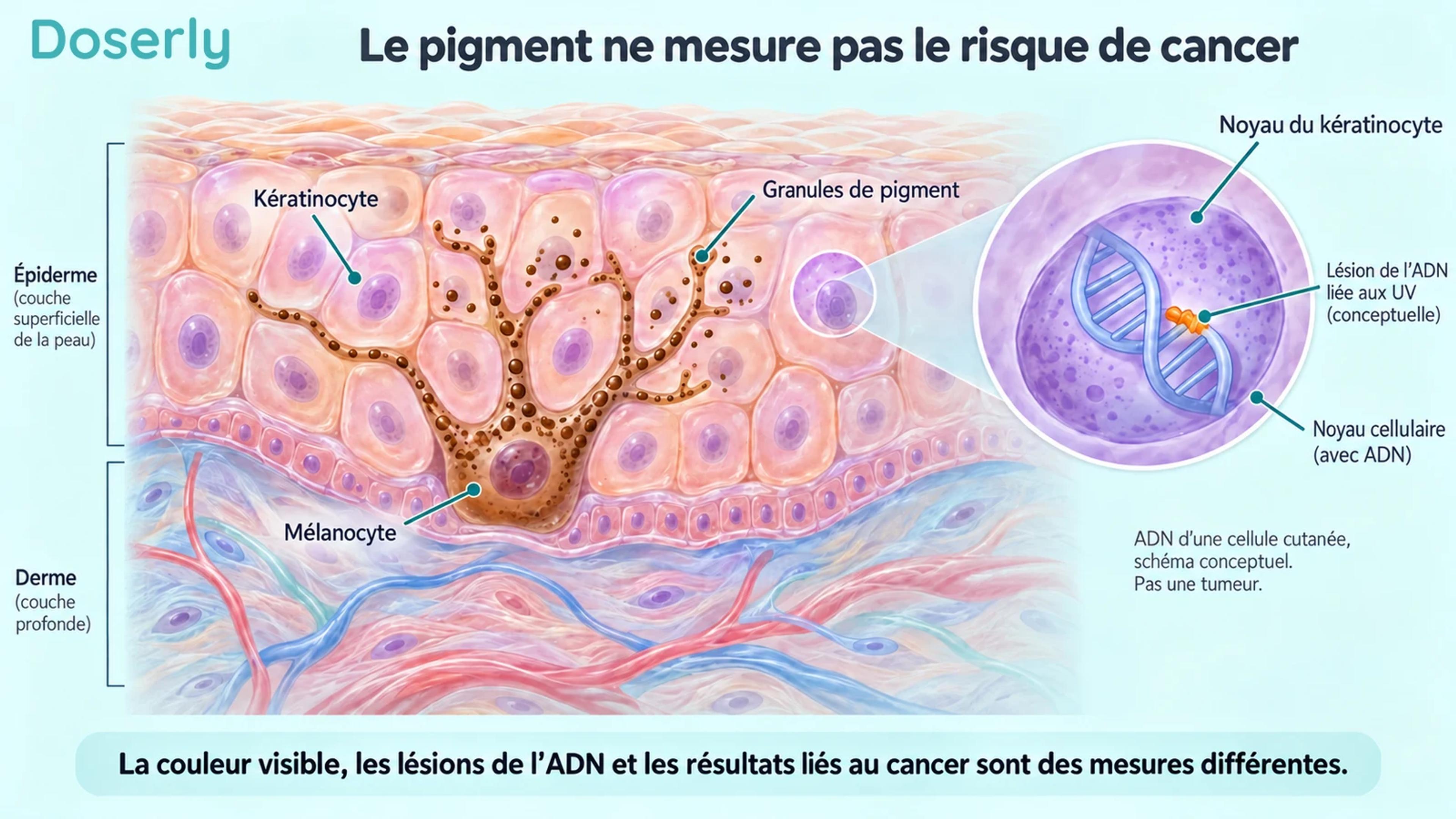 Coupe de la peau montrant des mélanocytes, des granules de pigment et un encadré conceptuel distinct sur l’ADN d’une cellule cutanée.